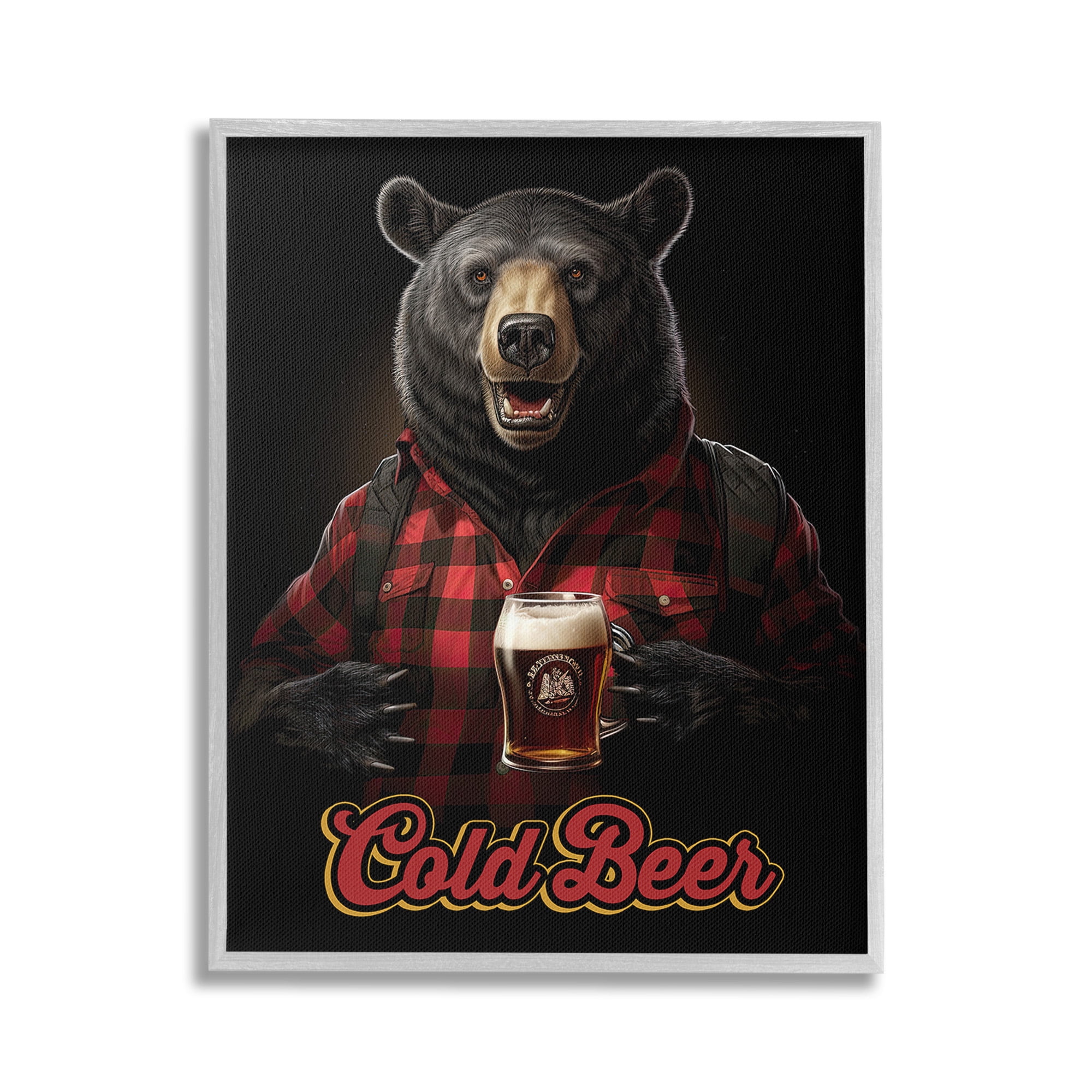 Stupell Industries Bear with Cold Beer Animals & Insects Painting Gray Framed Art Print Wall Art, 24 x 30