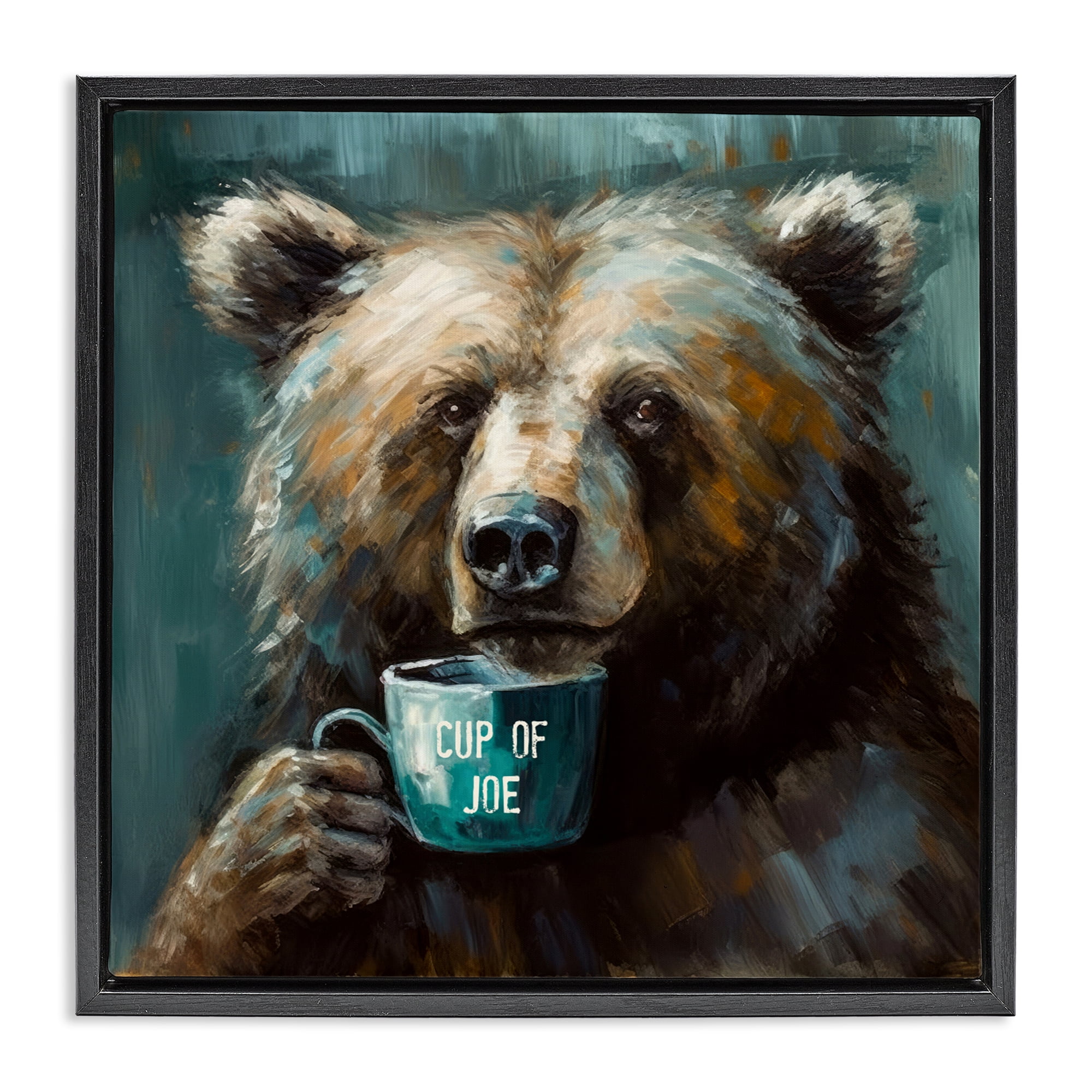 Stupell Industries Bear with Cup Of Joe Black Framed Floater Canvas Wall Art, design by Tina LeCour