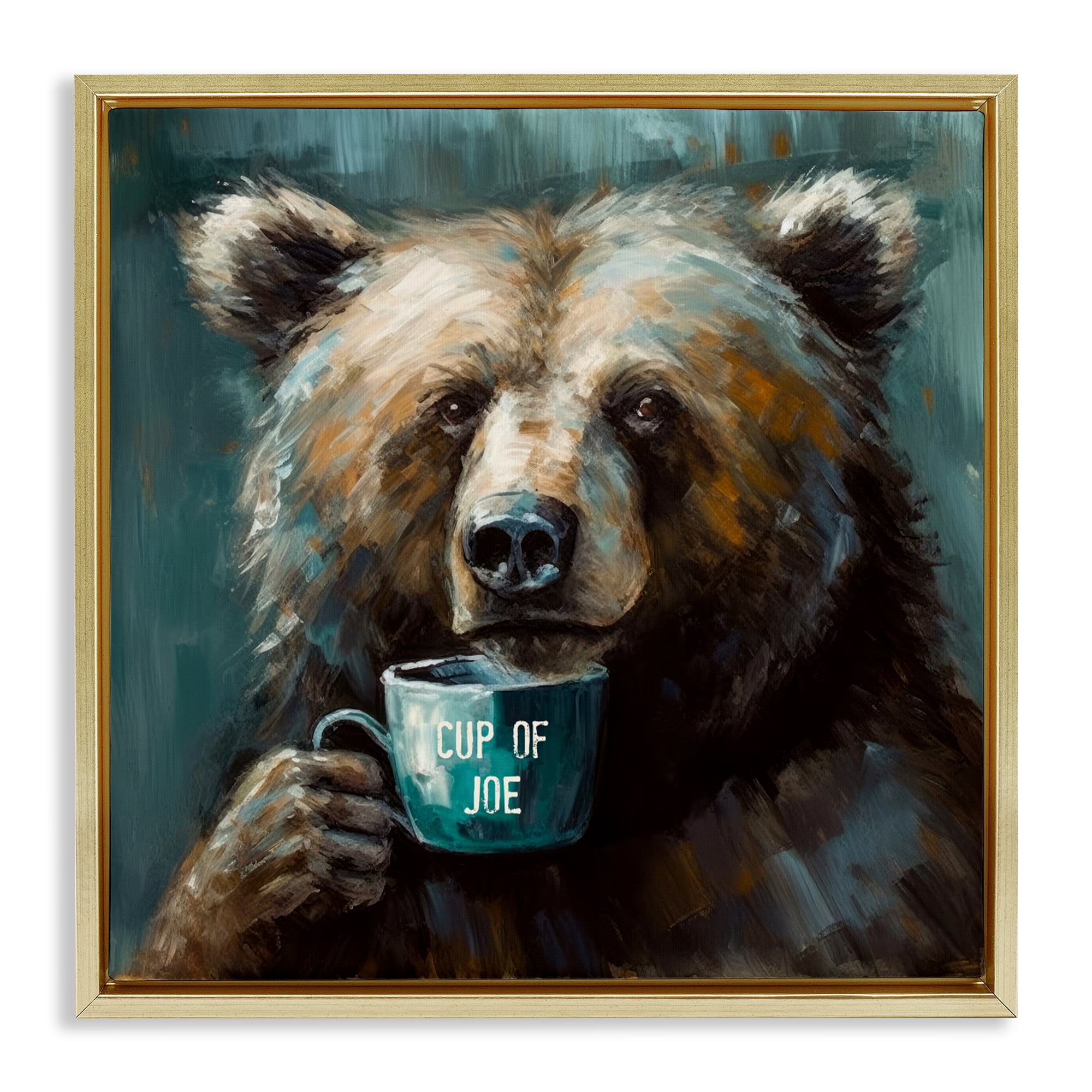 Stupell Industries Bear with Cup Of Joe Gold Framed Floater Canvas Wall Art, design by Tina LeCour