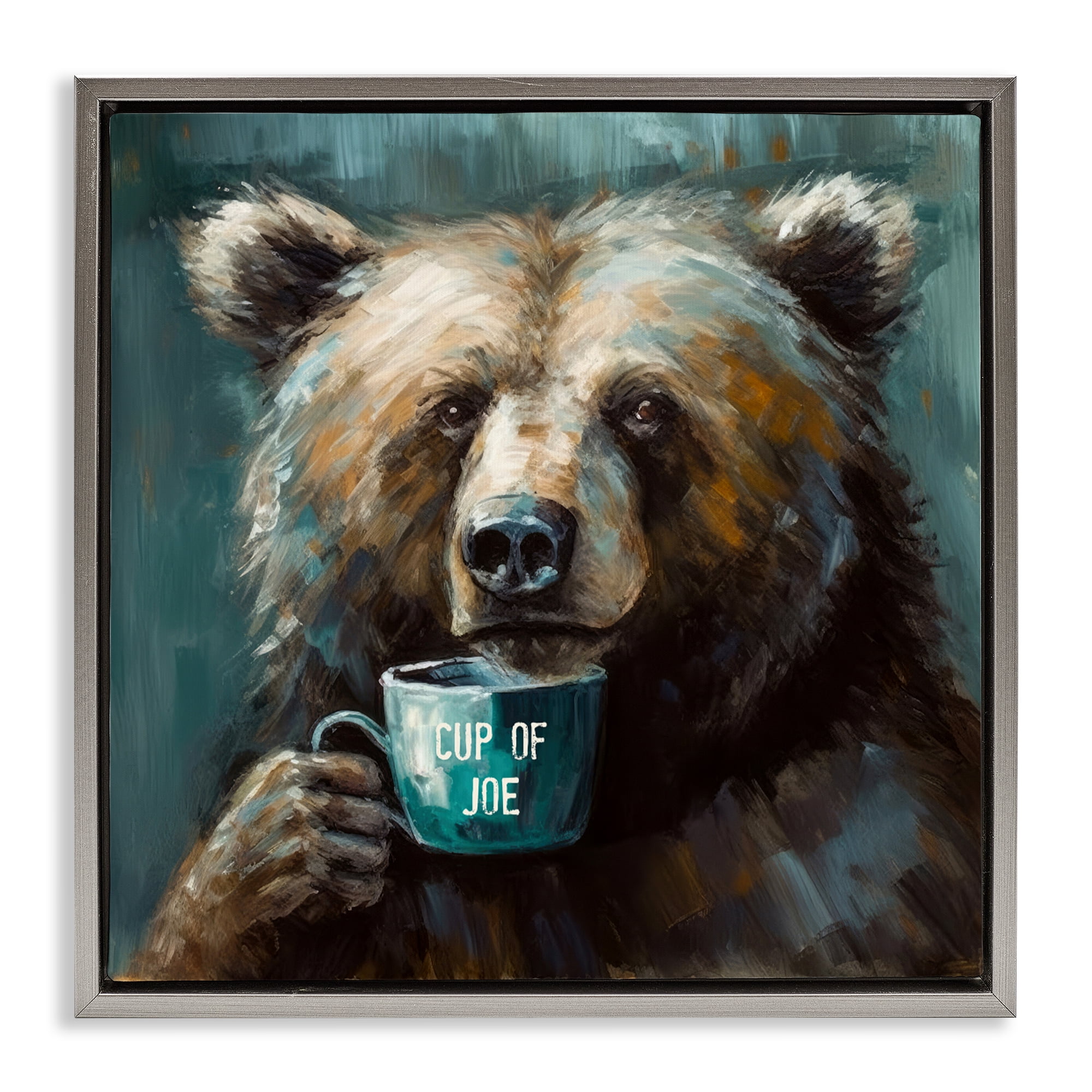 Stupell Industries Bear with Cup Of Joe Gray Framed Floater Canvas Wall Art, design by Tina LeCour