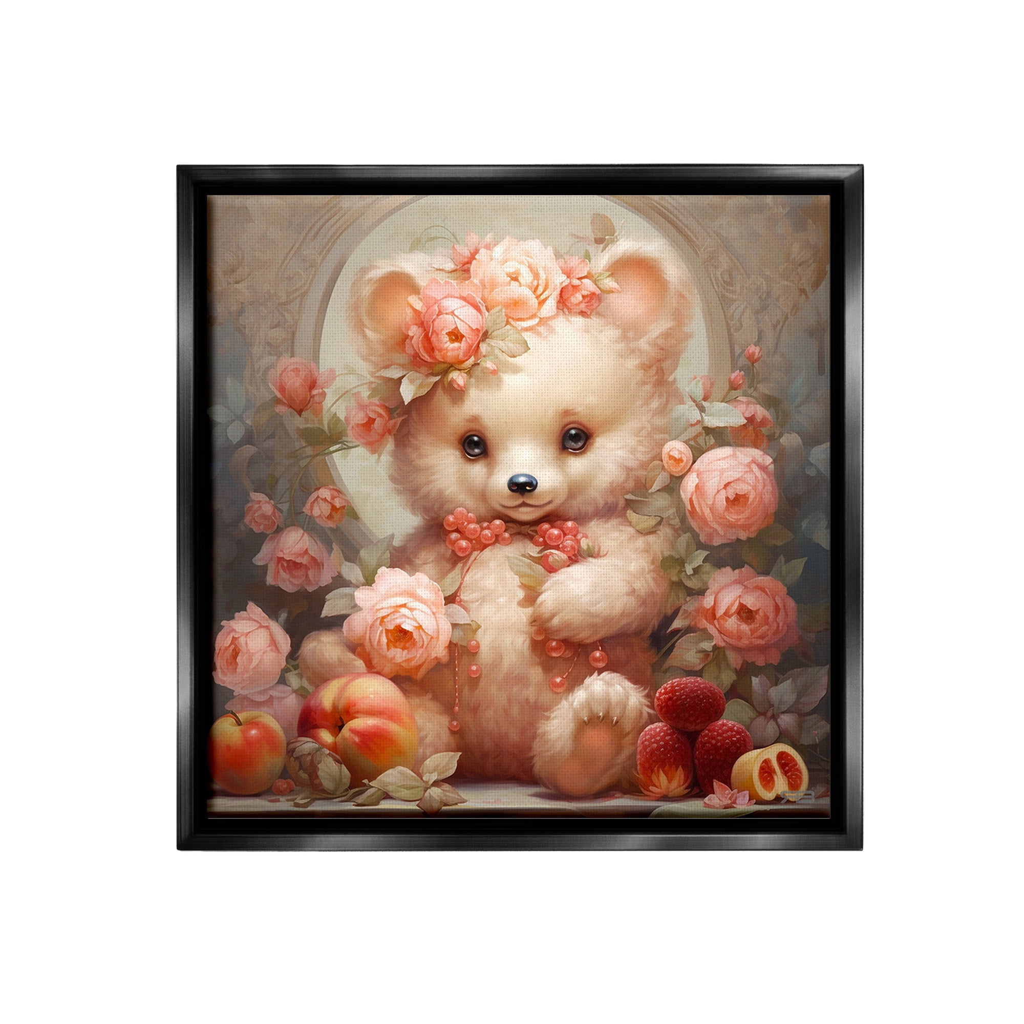 Stupell Industries Bear with Fruits & Flowers Animals & Insects Painting Black Floater Framed Canvas Art Print Wall Art, 25 x 25