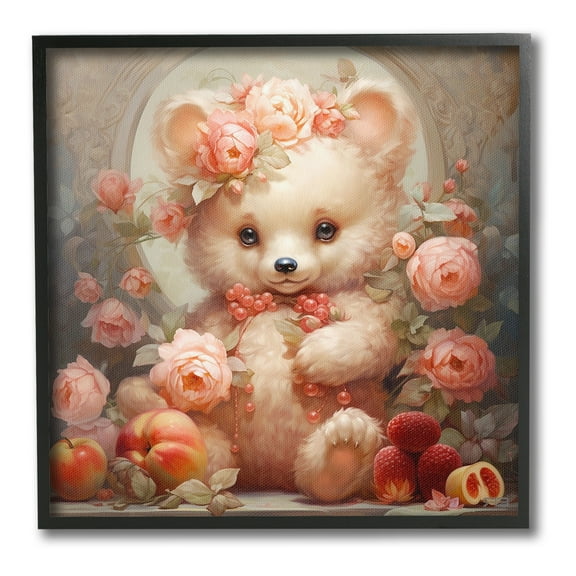 Stupell Industries Bear with Fruits & Flowers Animals & Insects Painting Black Framed Art Print Wall Art, 12 x 12