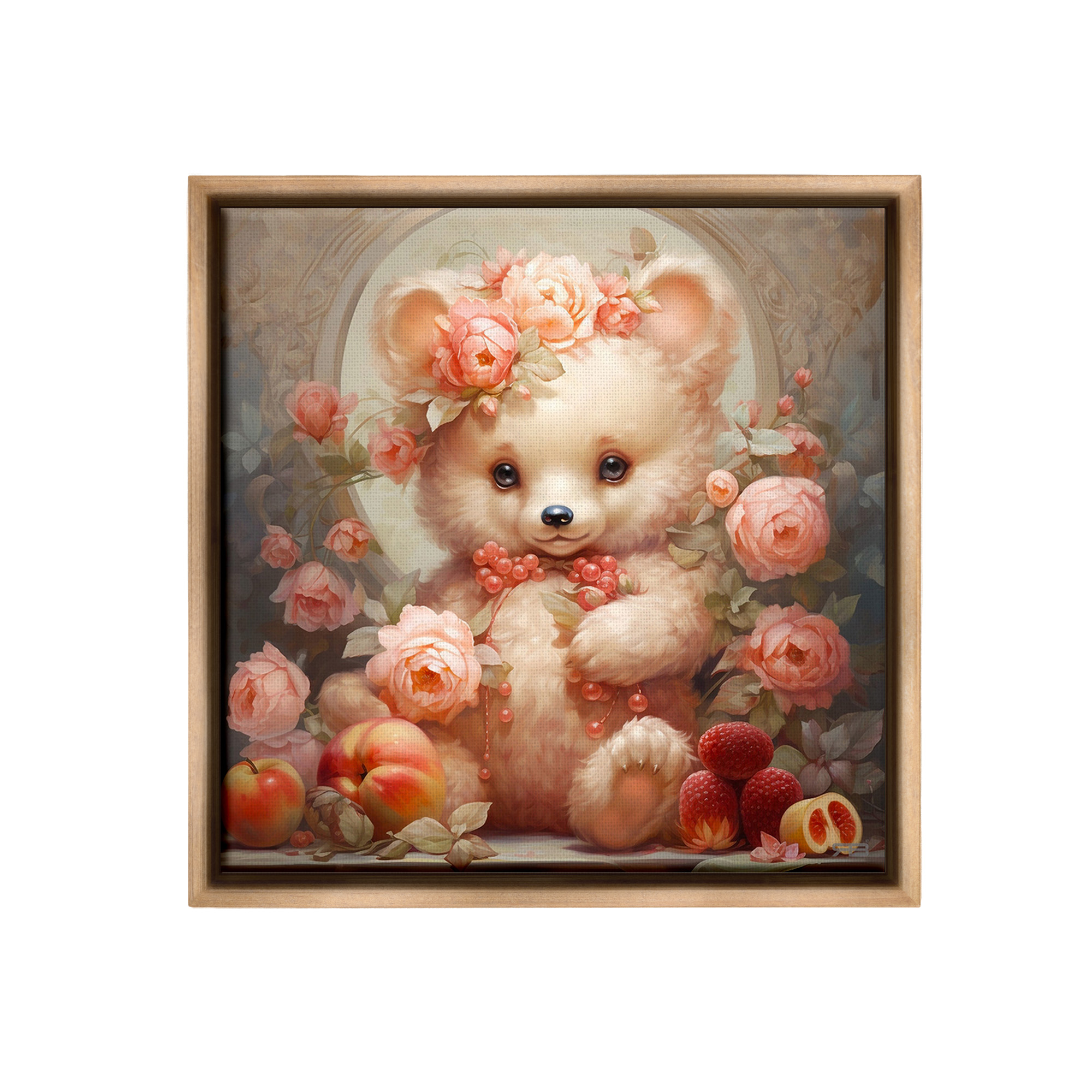 Stupell Industries Bear with Fruits & Flowers Animals & Insects Painting Brown Floater Framed Canvas Art Print Wall Art, 18 x 18