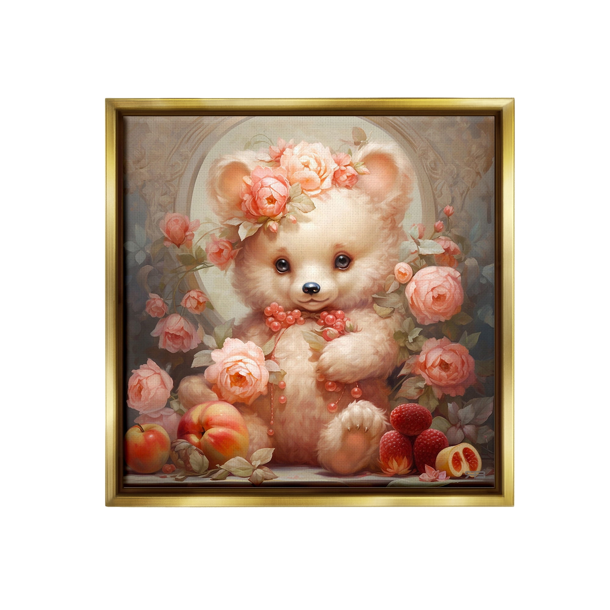 Stupell Industries Bear with Fruits & Flowers Animals & Insects Painting Gold Floater Framed Canvas Art Print Wall Art, 25 x 25