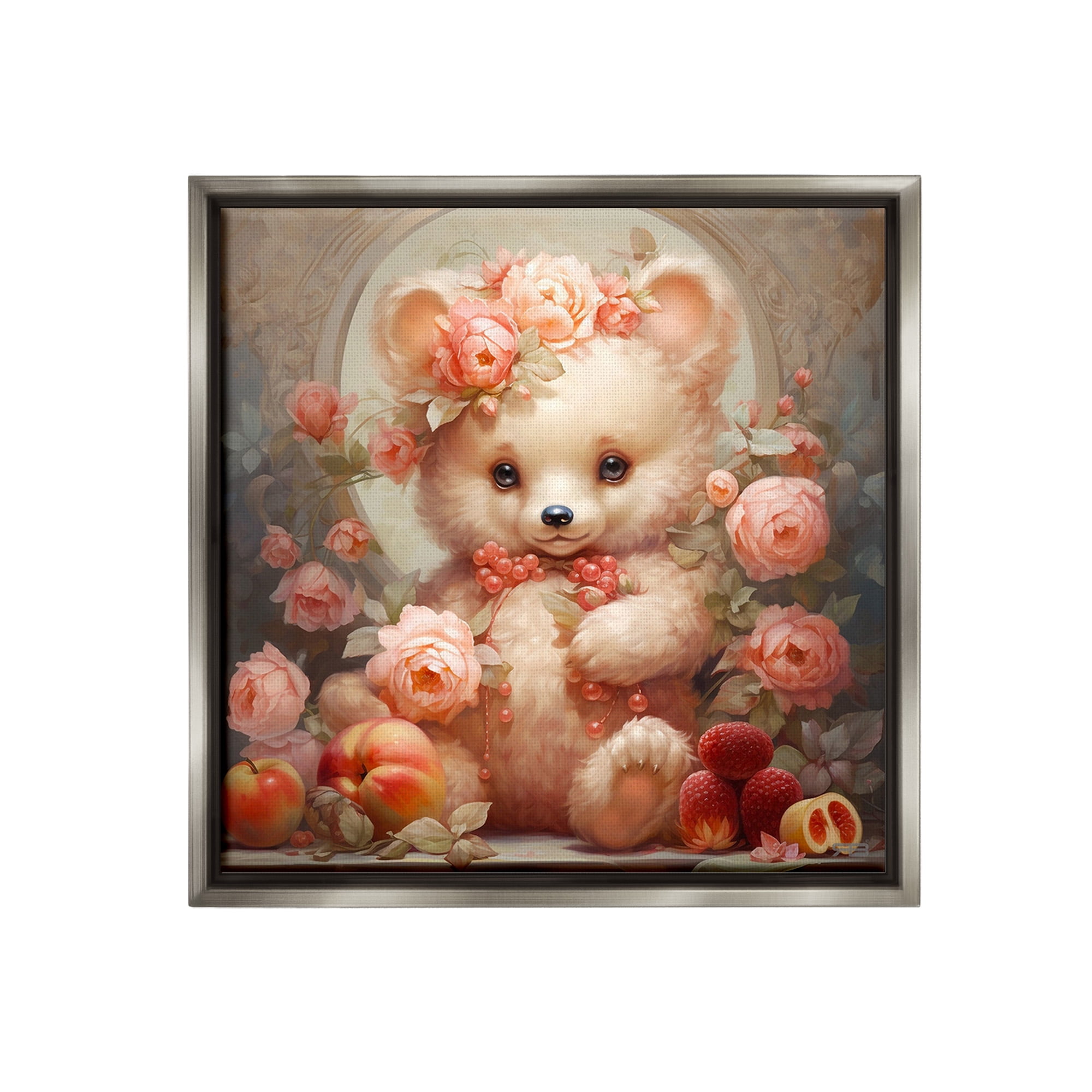 Stupell Industries Bear with Fruits & Flowers Animals & Insects Painting Gray Floater Framed Canvas Art Print Wall Art, 25 x 25