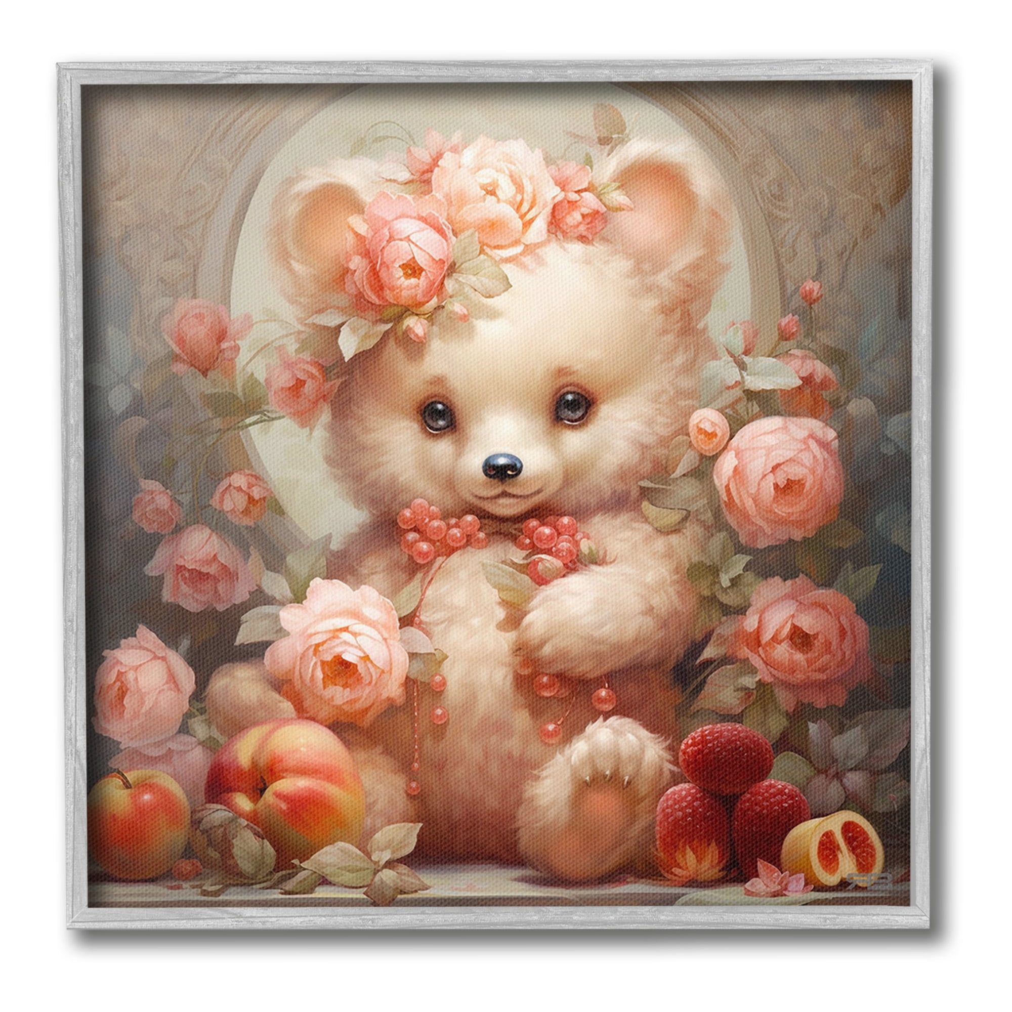 Stupell Industries Bear with Fruits & Flowers Animals & Insects Painting Gray Framed Art Print Wall Art, 17 x 17