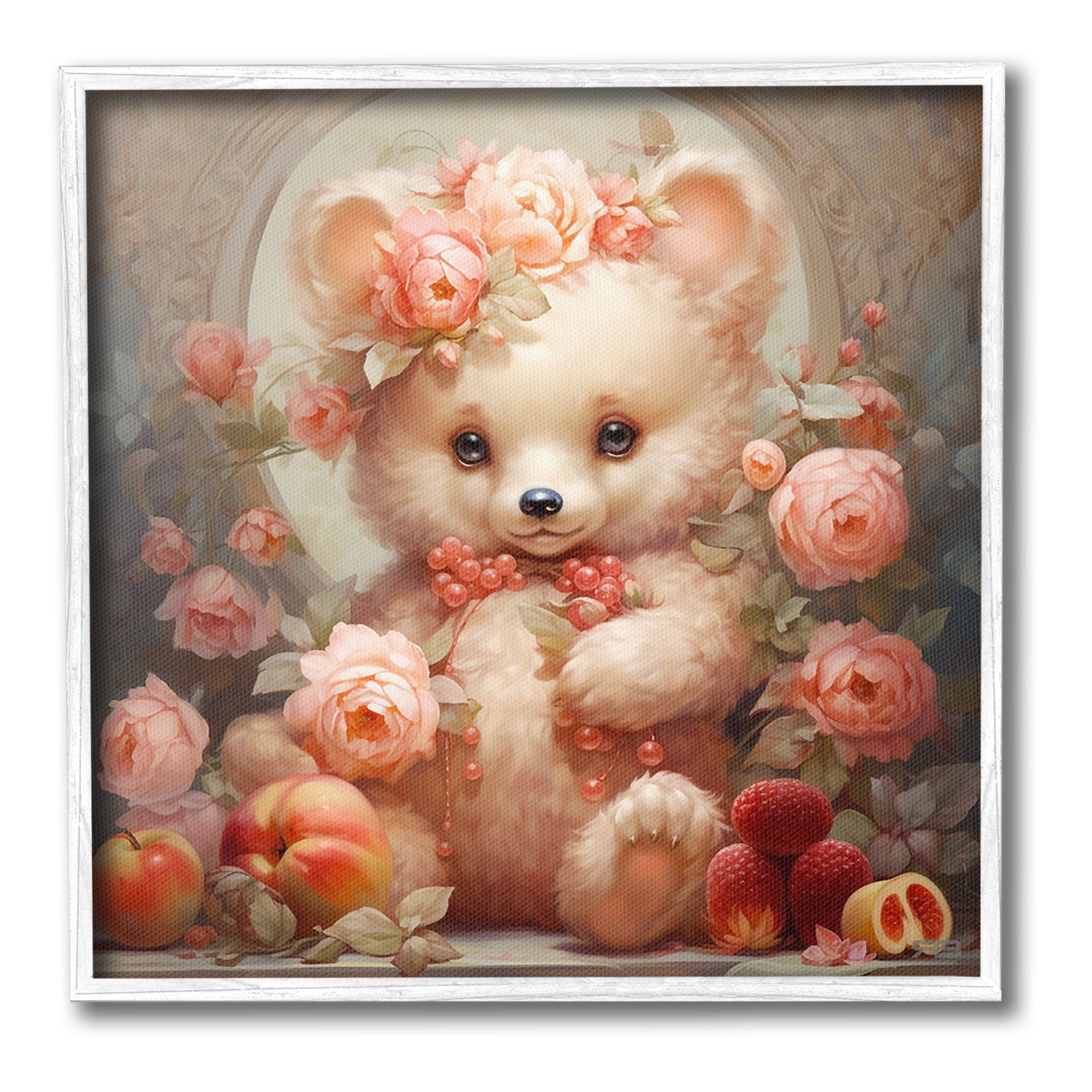 Stupell Industries Bear with Fruits & Flowers Animals & Insects Painting White Framed Art Print Wall Art, 24 x 24