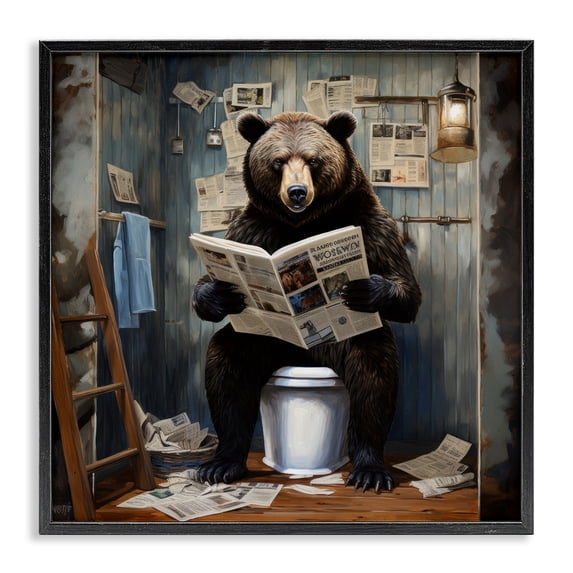 Bear with Newspaper Bathroom Black Framed Giclee Art, 24 x 24