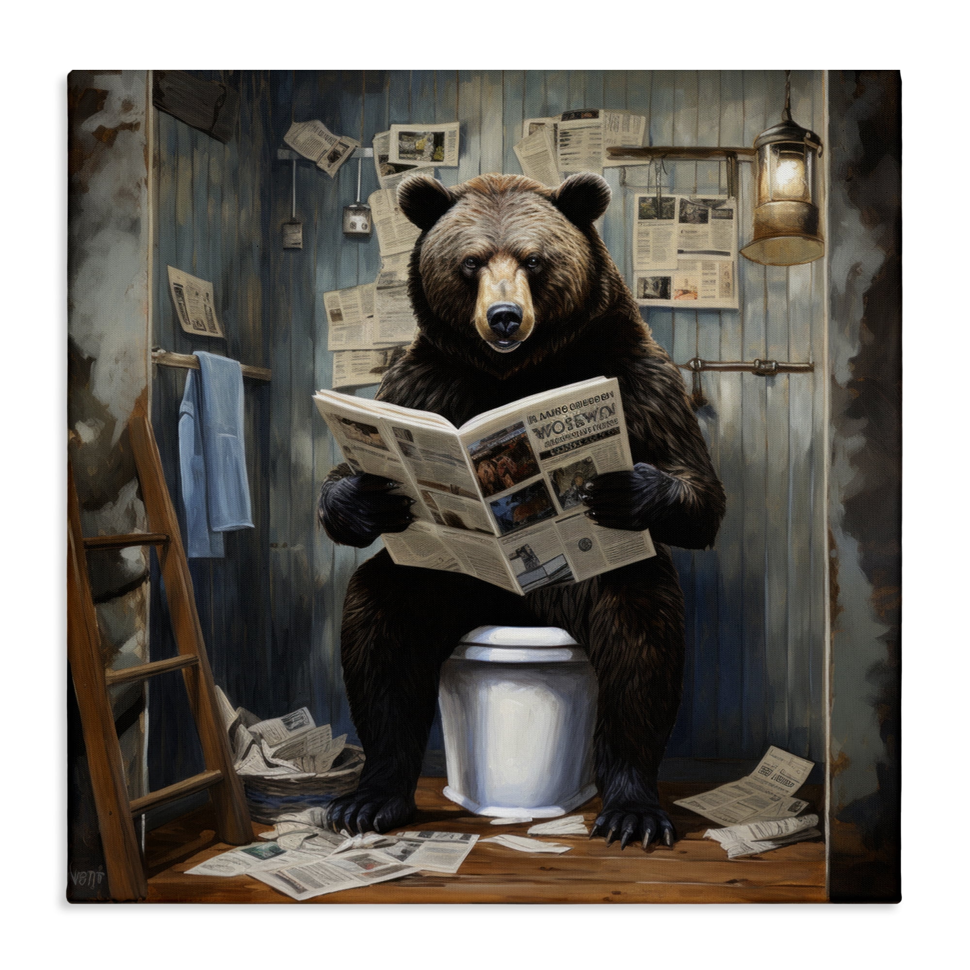 Bear with Newspaper Bathroom Canvas Art, 17 x 17