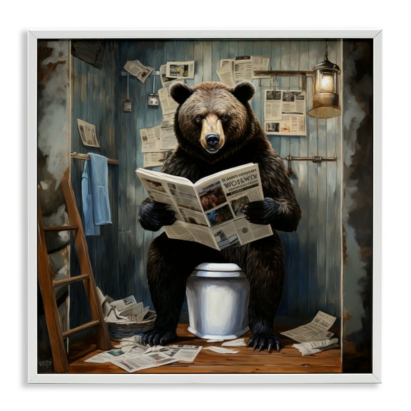 Bear with Newspaper Bathroom White Framed Giclee Art, 24 x 24, Made In USA