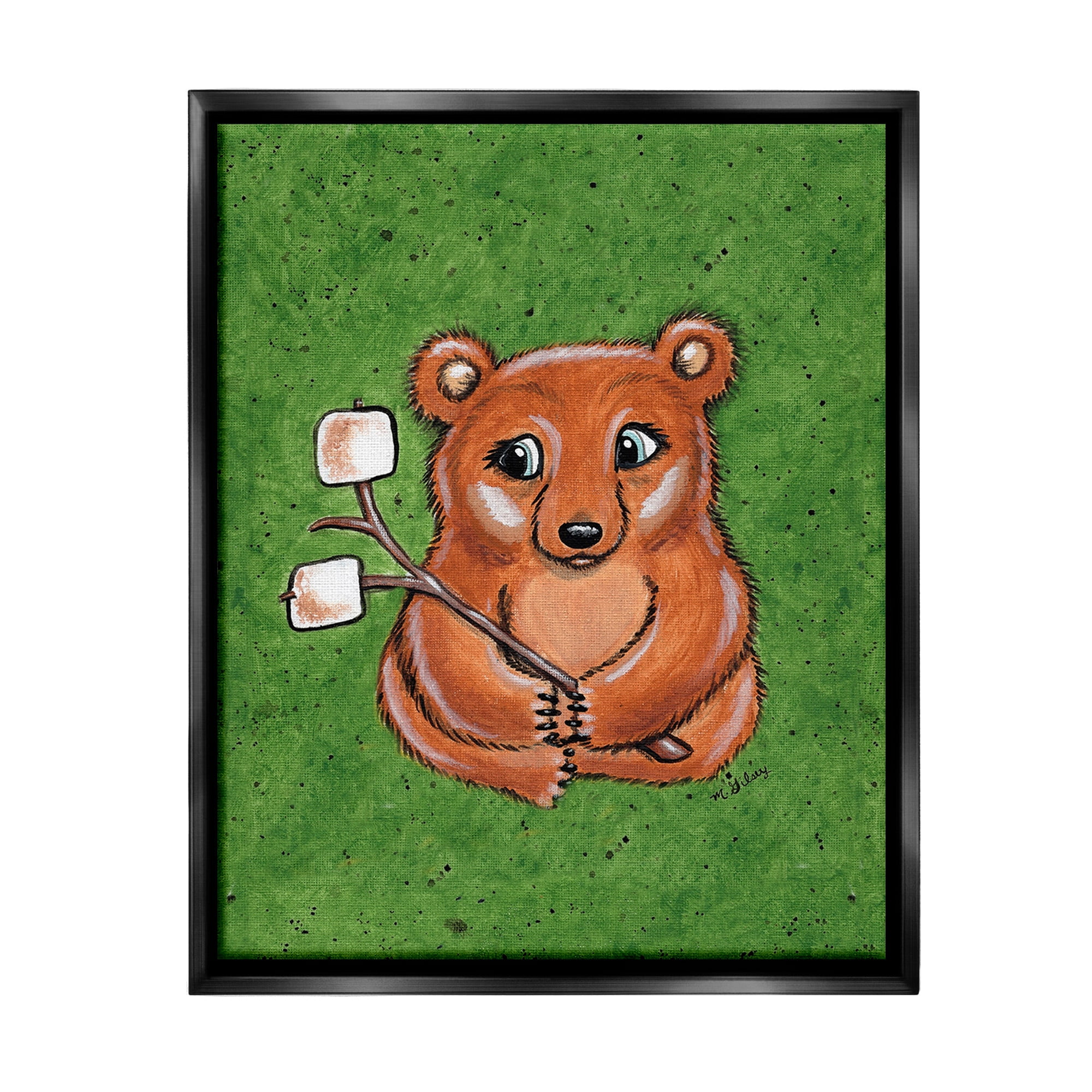 Stupell Industries Bear with S'mores Animals & Insects Painting Black Floater Framed Canvas Art Print Wall Art, 25 x 31