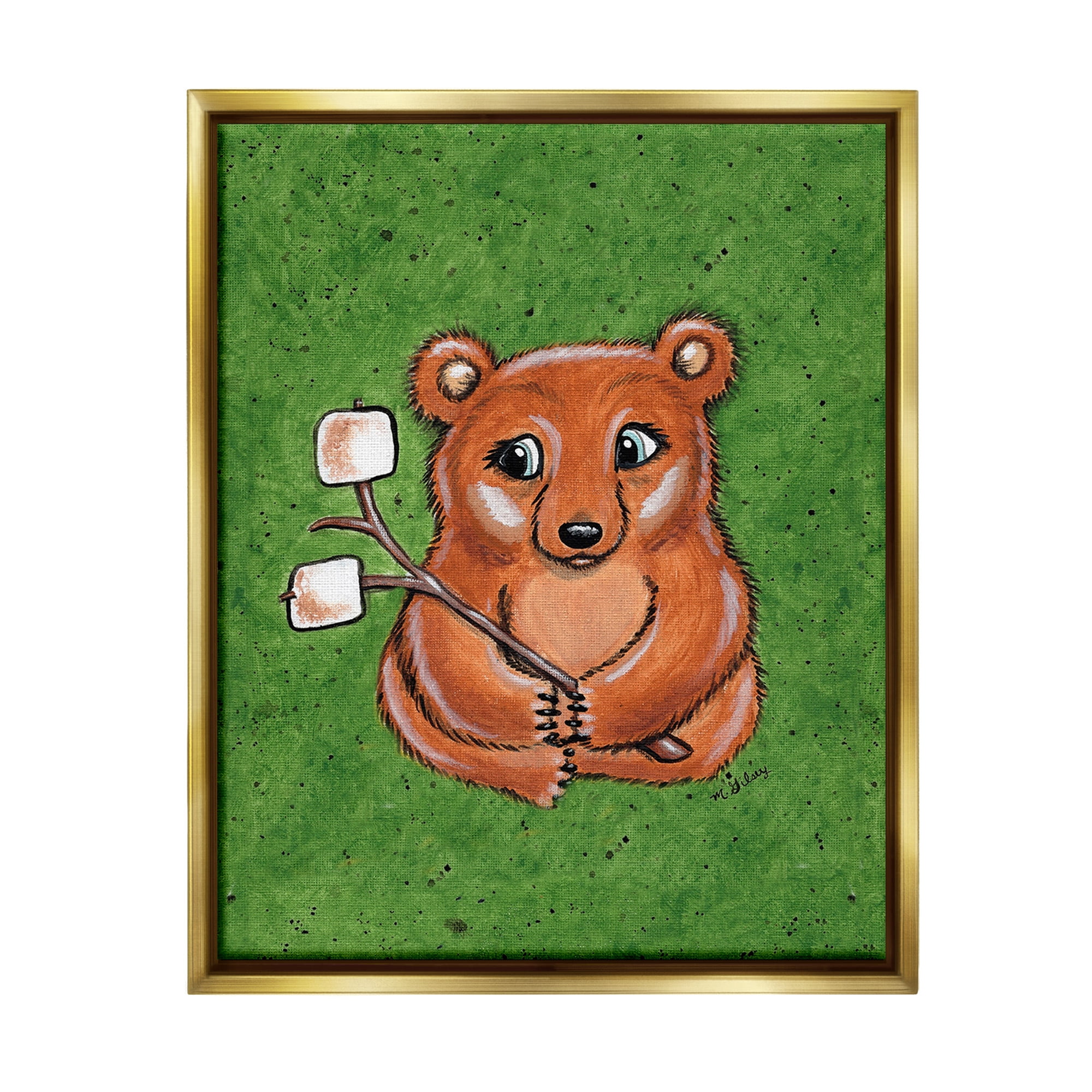 Stupell Industries Bear with S'mores Animals & Insects Painting Gold Floater Framed Canvas Art Print Wall Art, 17 x 21