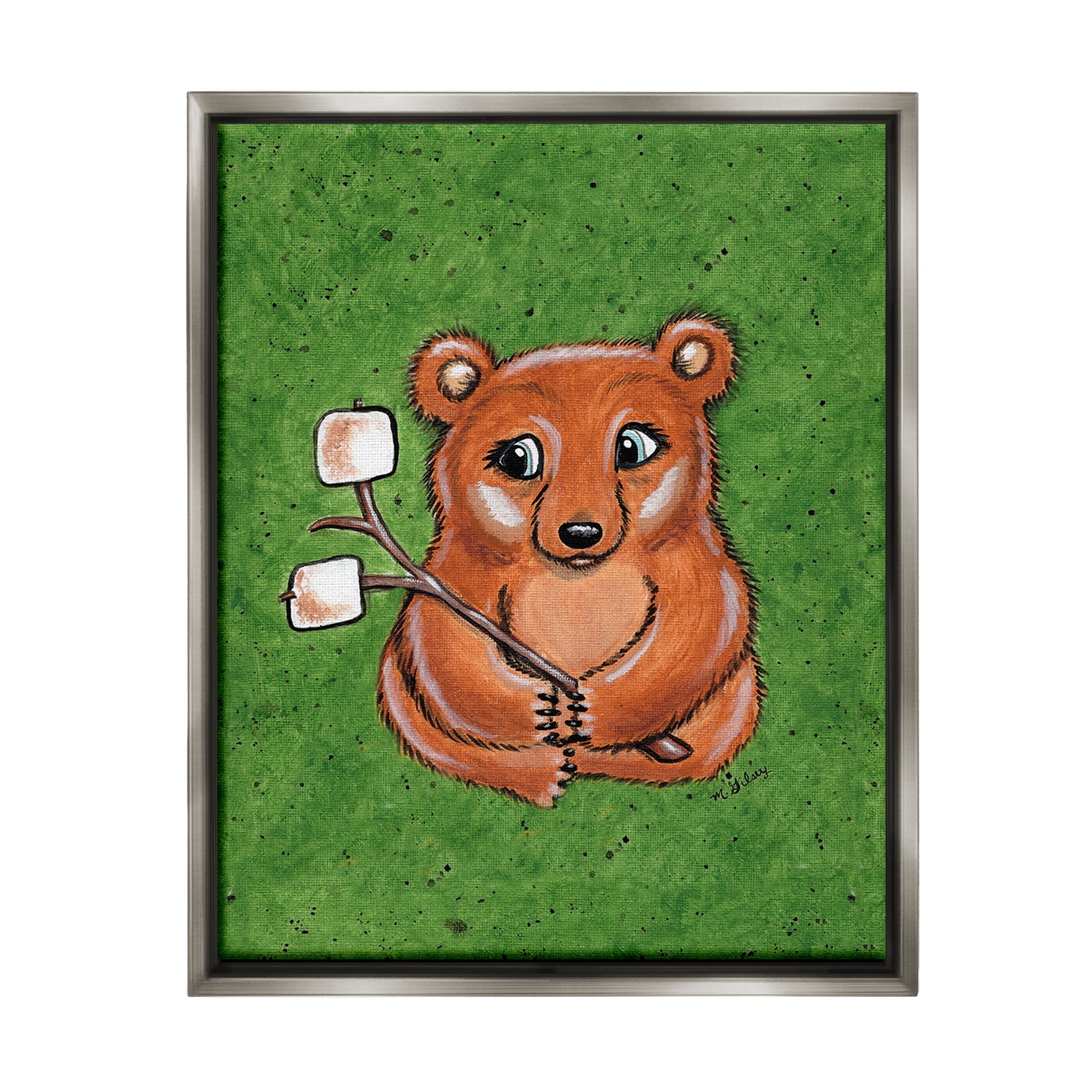 Stupell Industries Bear with S'mores Animals & Insects Painting Gray Floater Framed Canvas Art Print Wall Art, 25 x 31