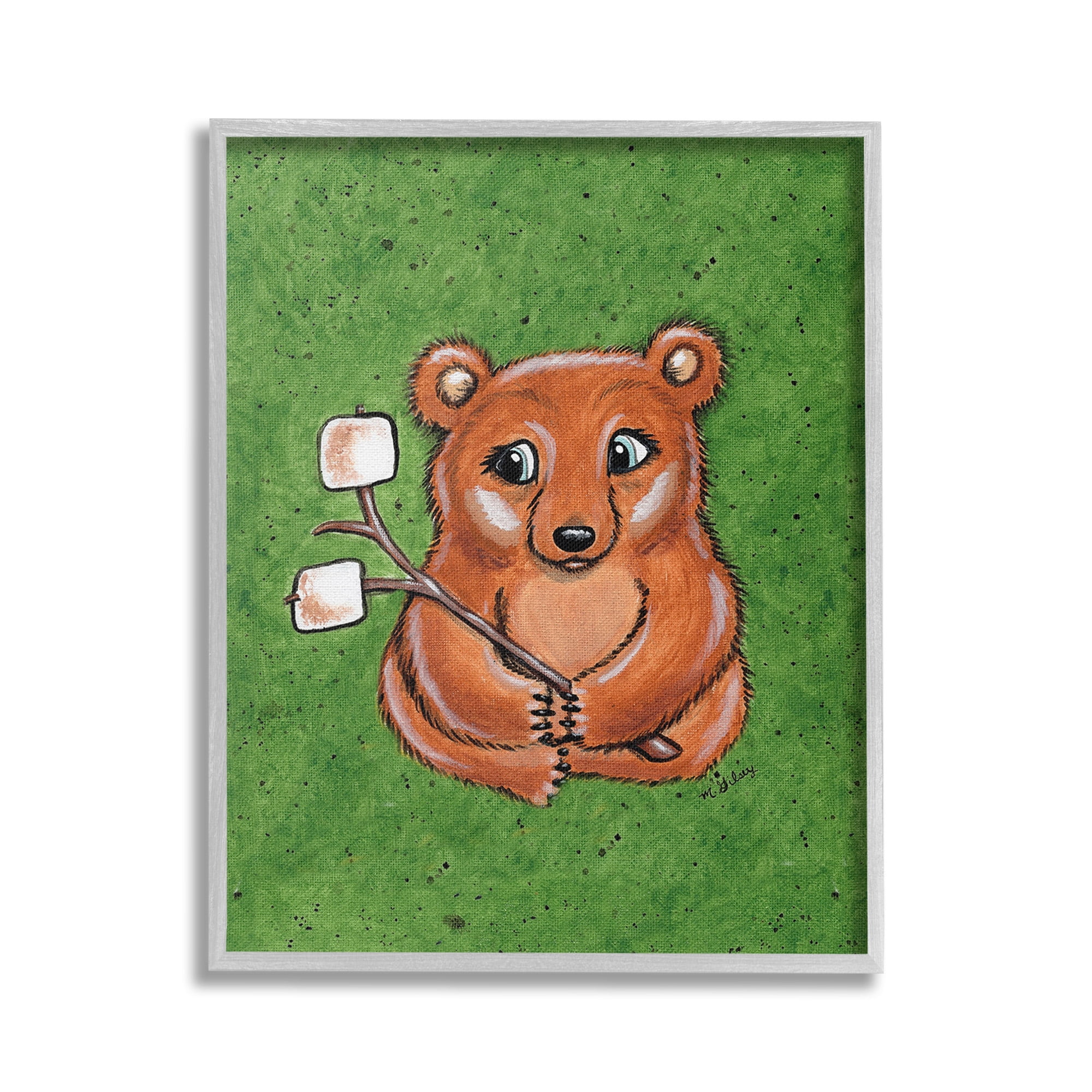 Stupell Industries Bear with S'mores Animals & Insects Painting Gray Framed Art Print Wall Art, 16 x 20