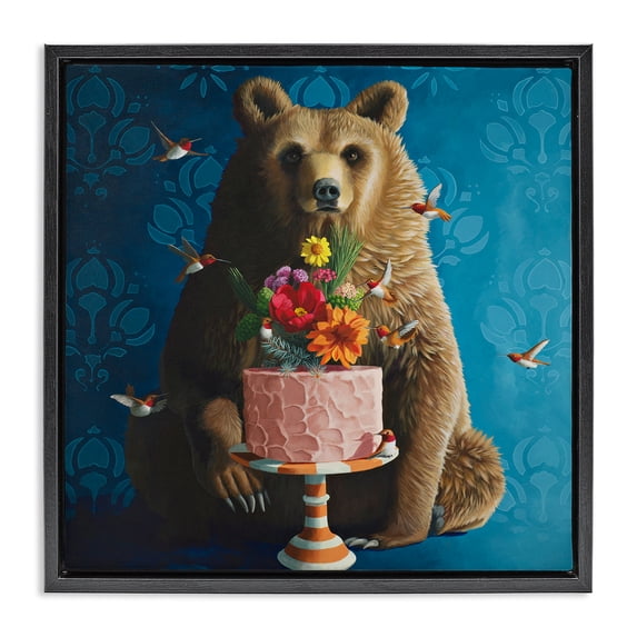 Stupell Industries Bear with Sweet Dessert Cake Animals Painting Black Floater Framed Canvas Art Print Wall Art, 25 x 25