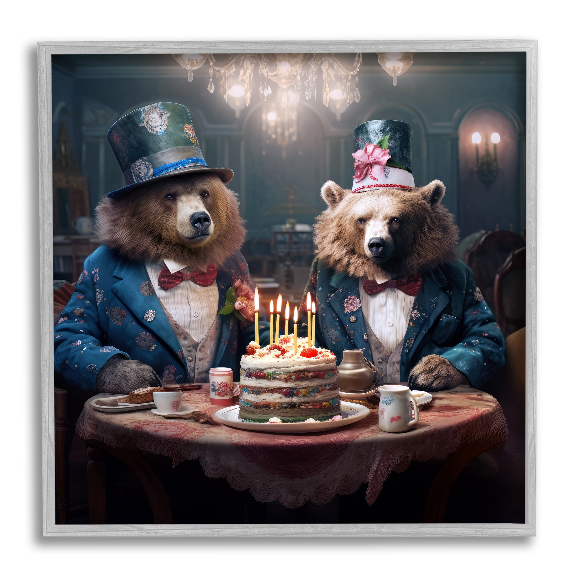 Stupell Industries Bears & Birthday Cake Animals & Insects Painting Gray Framed Art Print Wall Art, 17 x 17