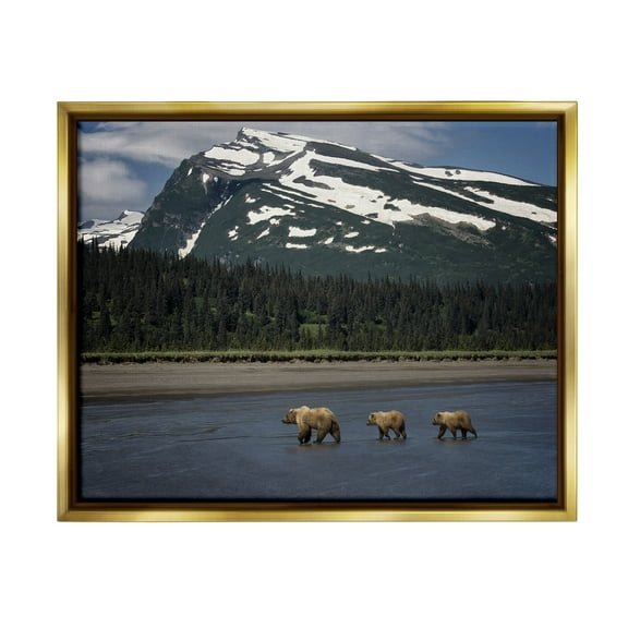 Stupell Industries Bears Crossing Icy River Landscape Photography Gold Floater Framed Canvas Art Print Wall Art, 21 x 17