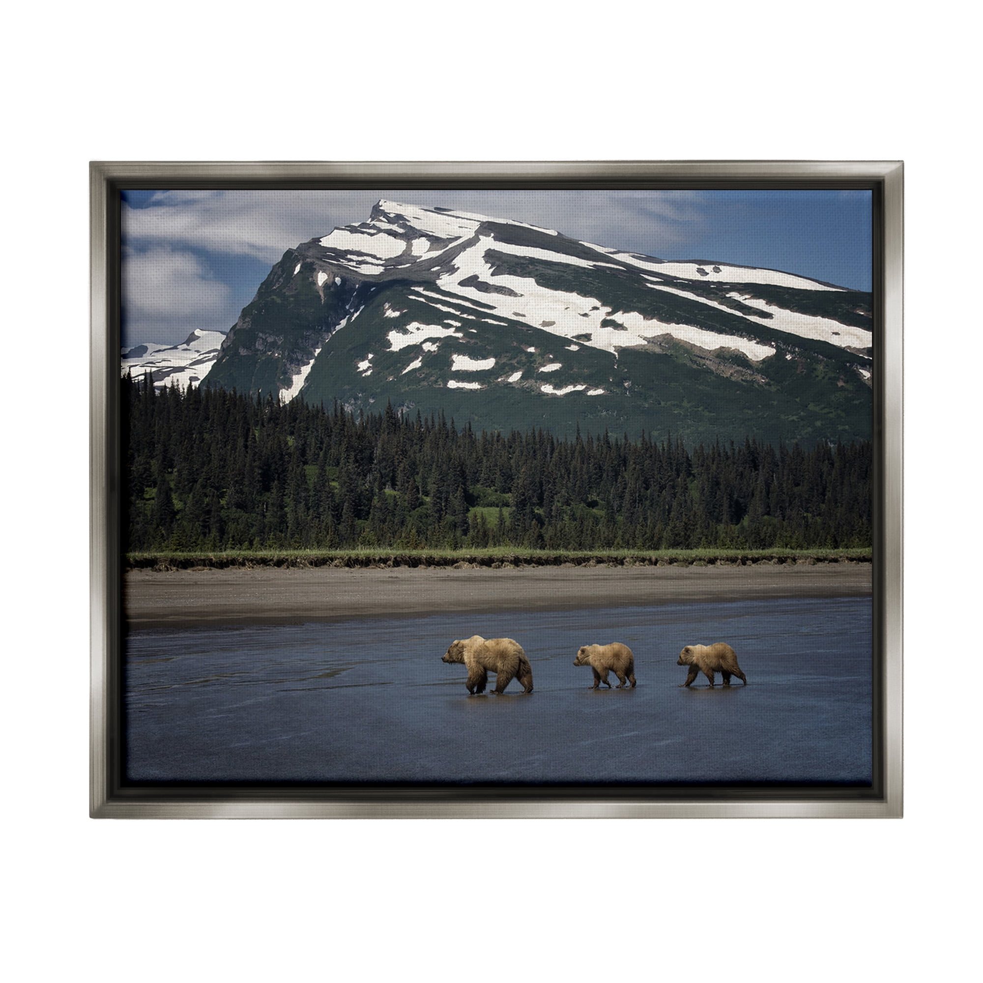 Stupell Industries Bears Crossing Icy River Landscape Photography Gray Floater Framed Canvas Art Print Wall Art, 21 x 17