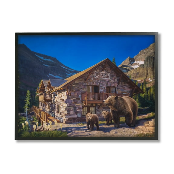 Stupell Industries Bears & Lodge Scenery Landscape Painting Black Framed Art Print Wall Art, 14 x 11