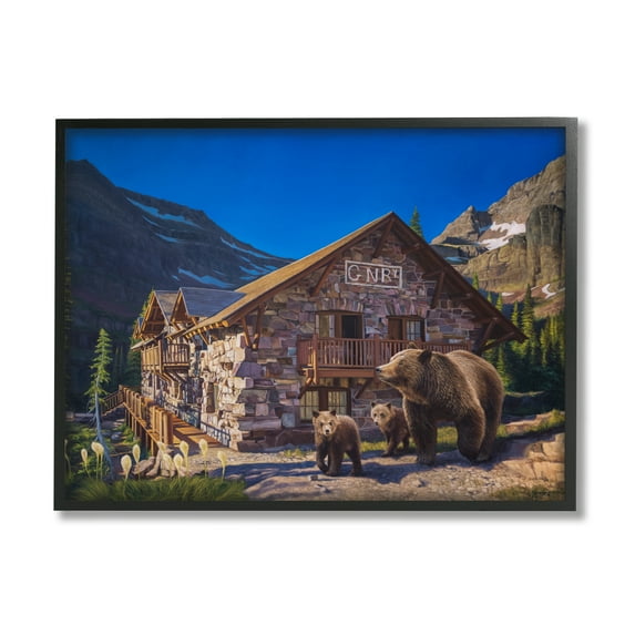 Stupell Industries Bears & Lodge Scenery Landscape Painting Black Framed Art Print Wall Art, 20 x 16