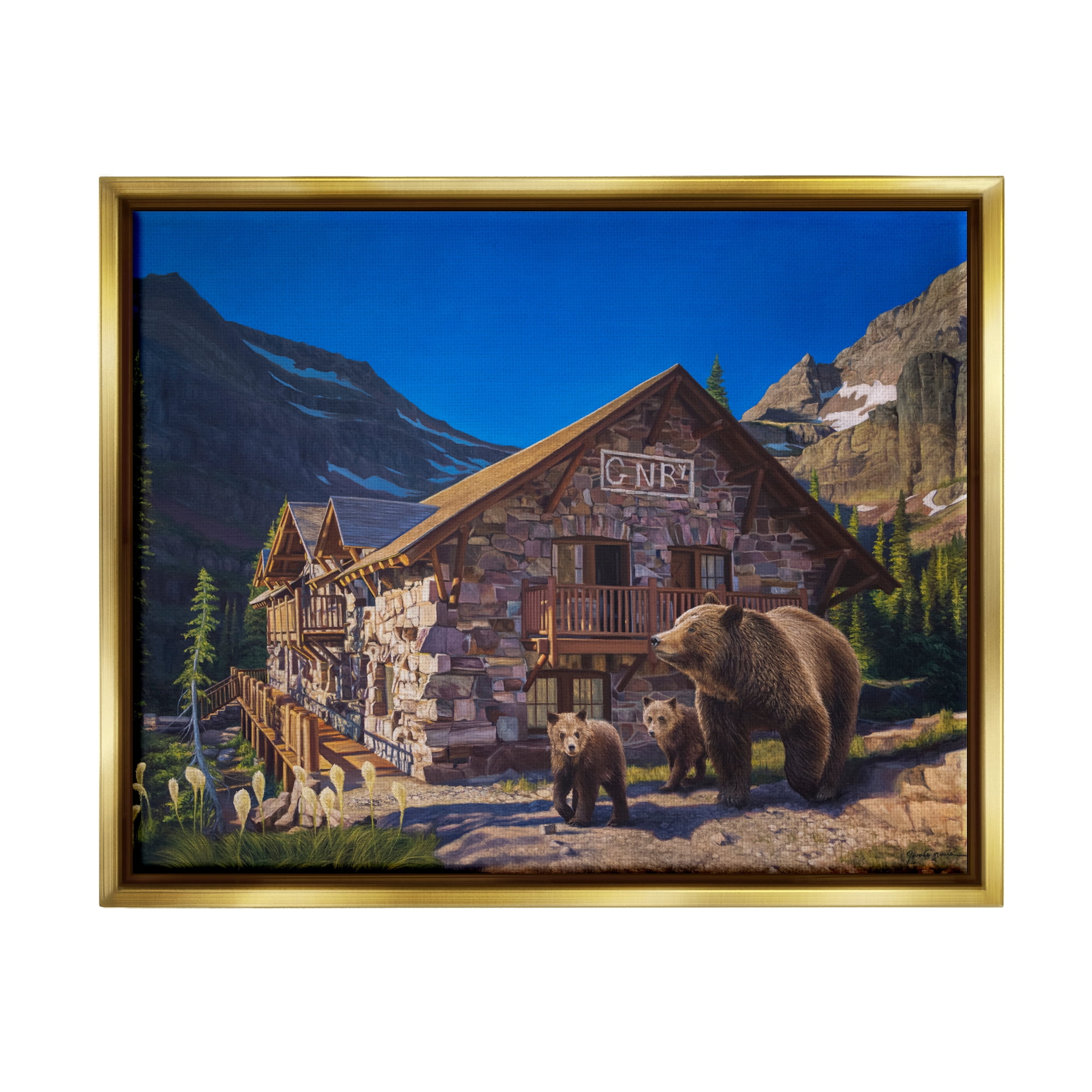 Stupell Industries Bears & Lodge Scenery Landscape Painting Gold Floater Framed Canvas Art Print Wall Art, 21 x 17