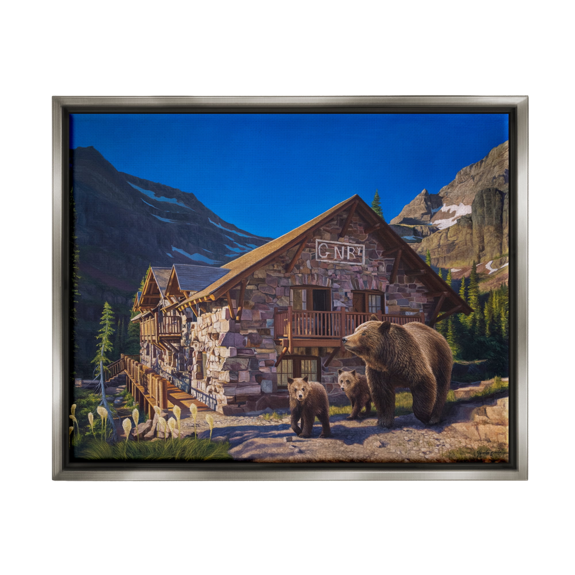 Stupell Industries Bears & Lodge Scenery Landscape Painting Gray Floater Framed Canvas Art Print Wall Art, 31 x 25