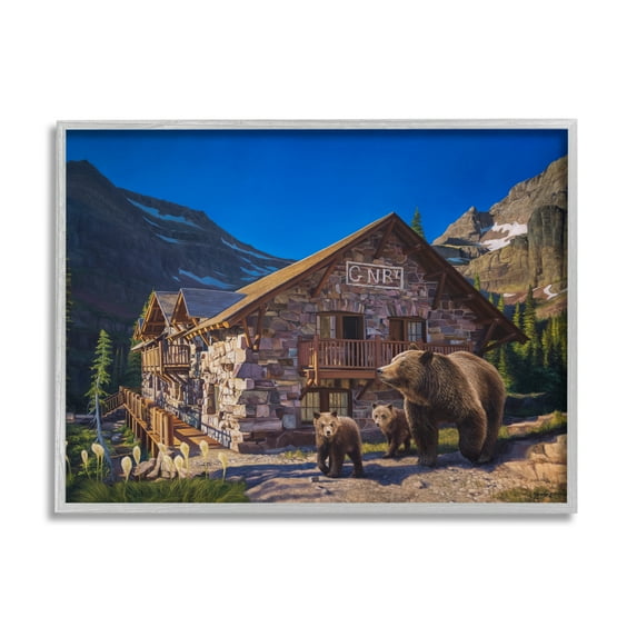 Stupell Industries Bears & Lodge Scenery Landscape Painting Gray Framed Art Print Wall Art, 20 x 16