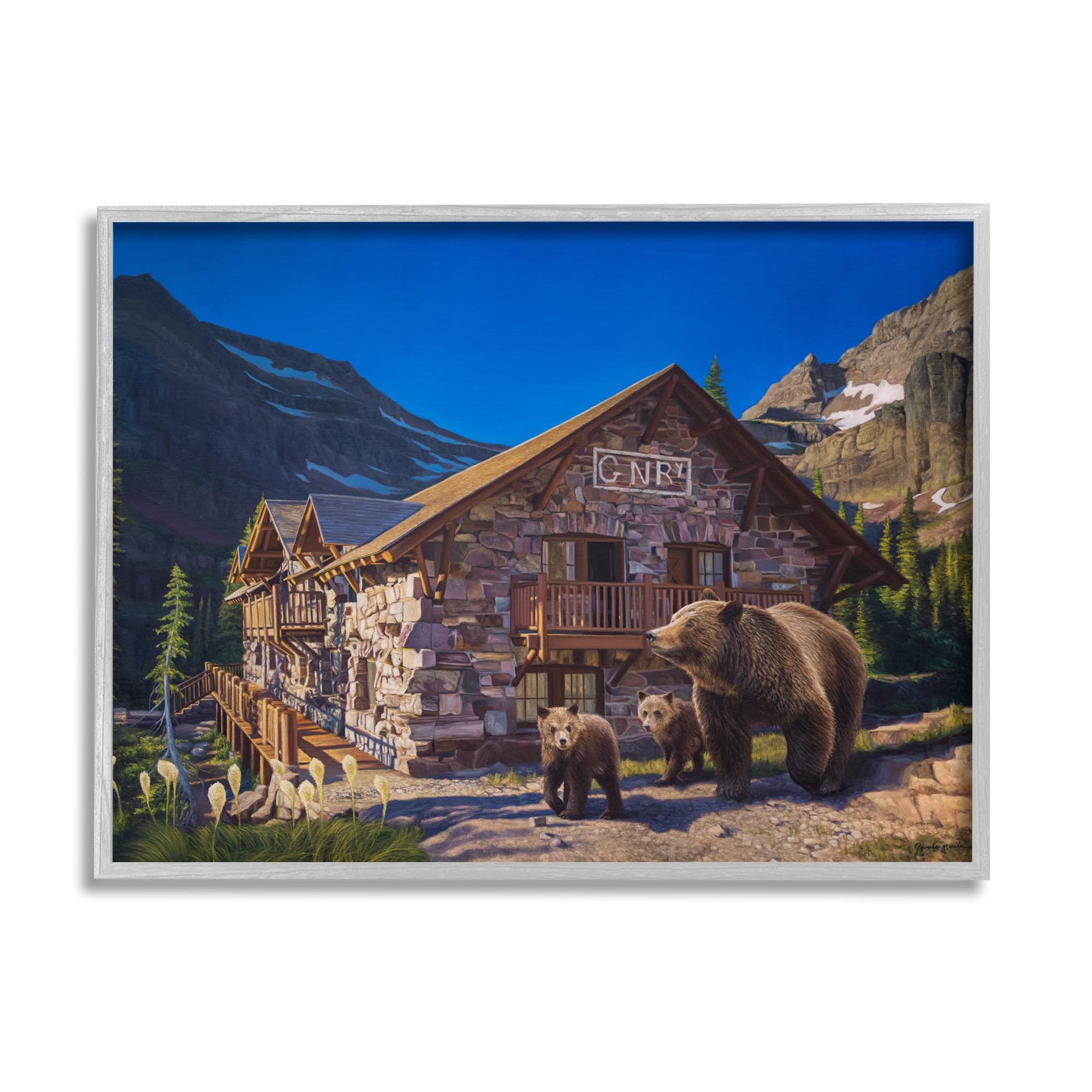 Stupell Industries Bears & Lodge Scenery Landscape Painting Gray Framed Art Print Wall Art, 30 x 24