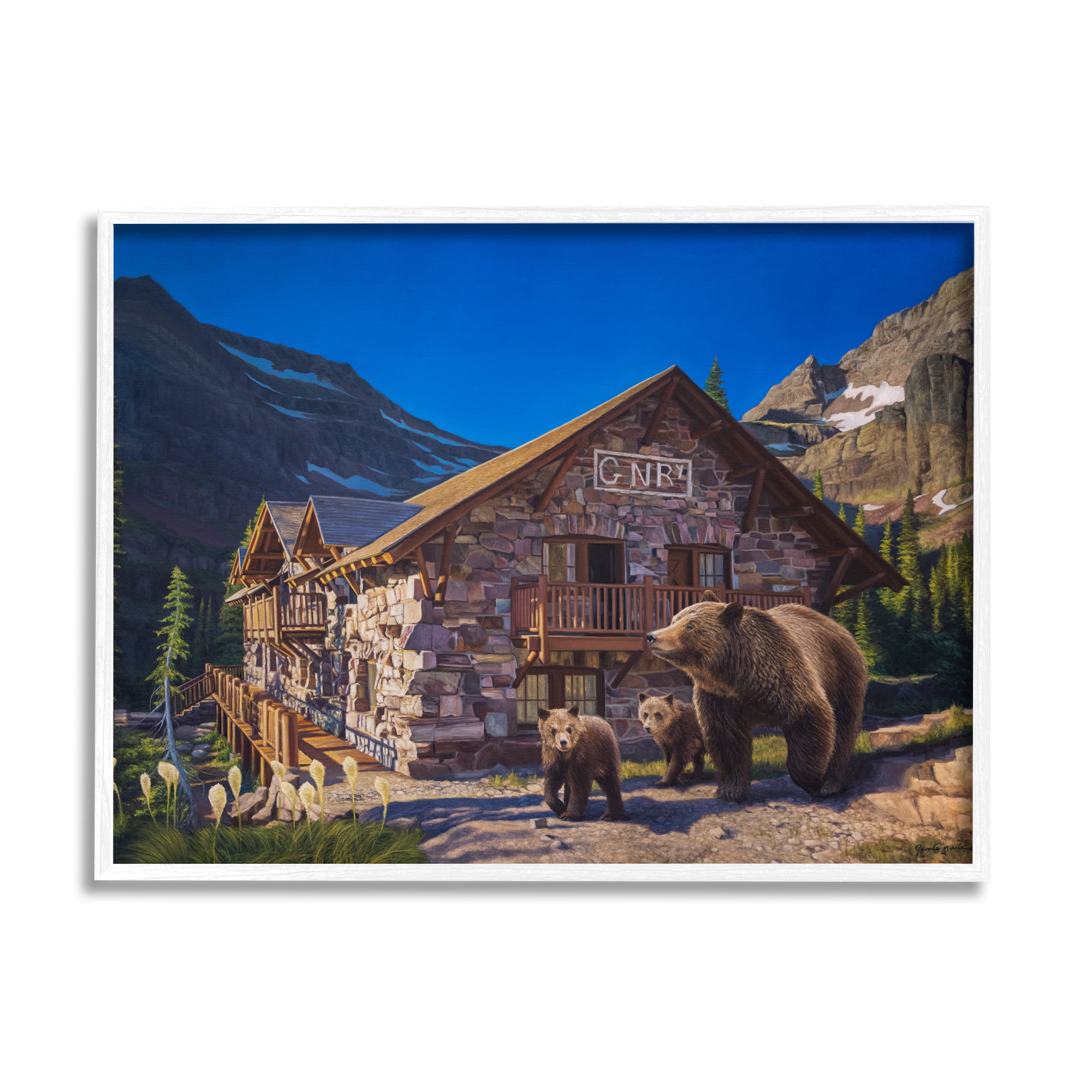 Stupell Industries Bears & Lodge Scenery Landscape Painting White Framed Art Print Wall Art, 14 x 11