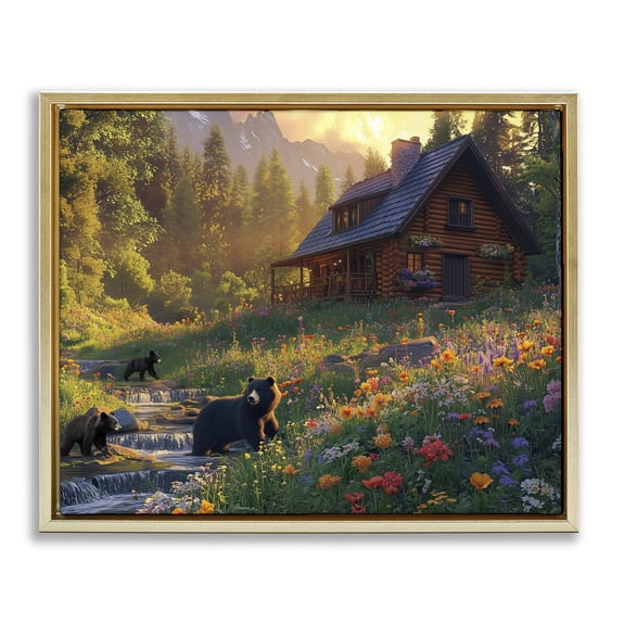Stupell Industries Bears at Floral Cabin Gold Framed Floater Canvas Wall Art design by Jim Baldwin, 25 x 31