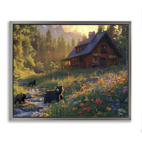 Stupell Industries Bears at Floral Cabin Gray Framed Floater Canvas Wall Art design by Jim Baldwin, 25 x 31