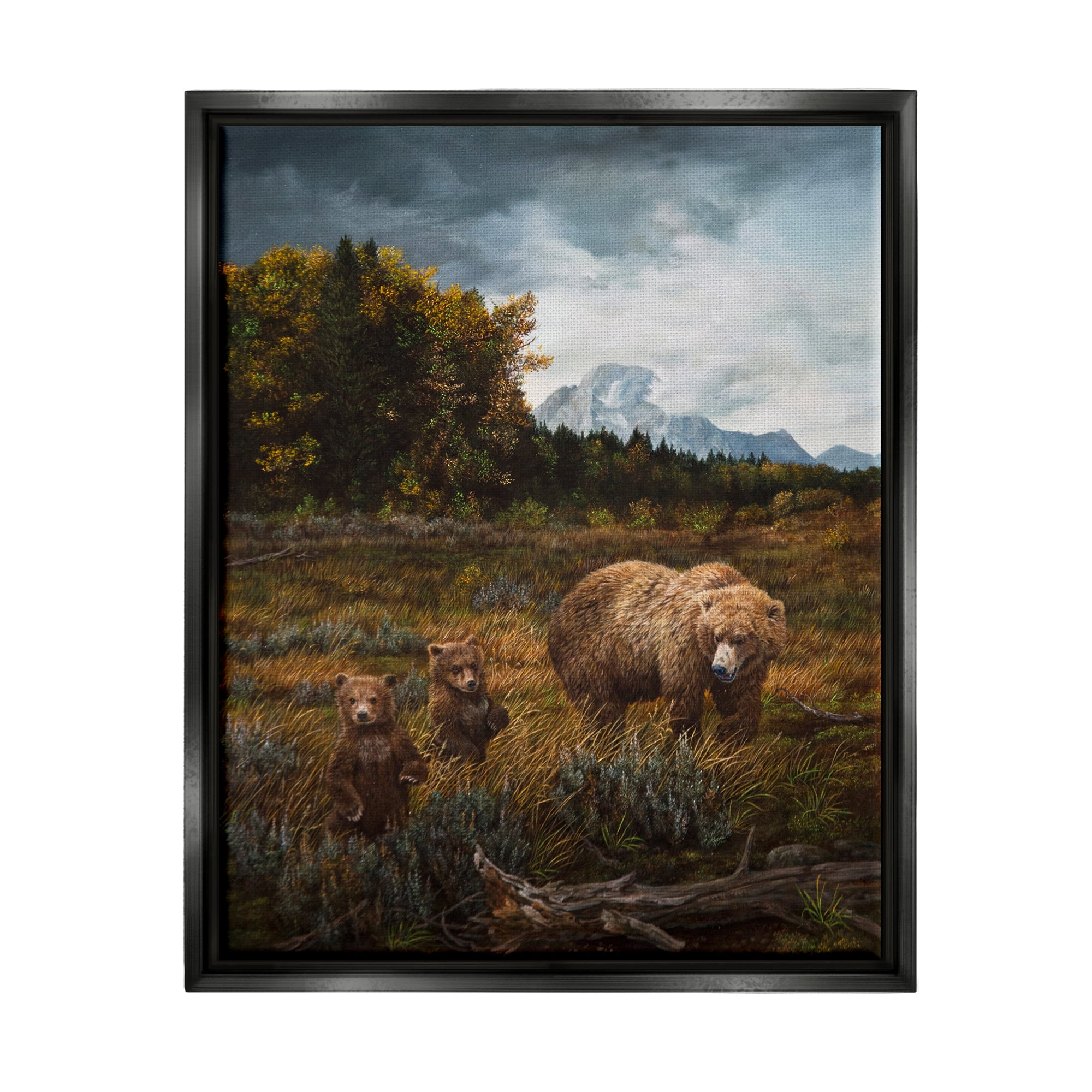 Stupell Industries Bears in Nature Scene Animals & Insects Painting Black Floater Framed Canvas Art Print Wall Art, 25 x 31