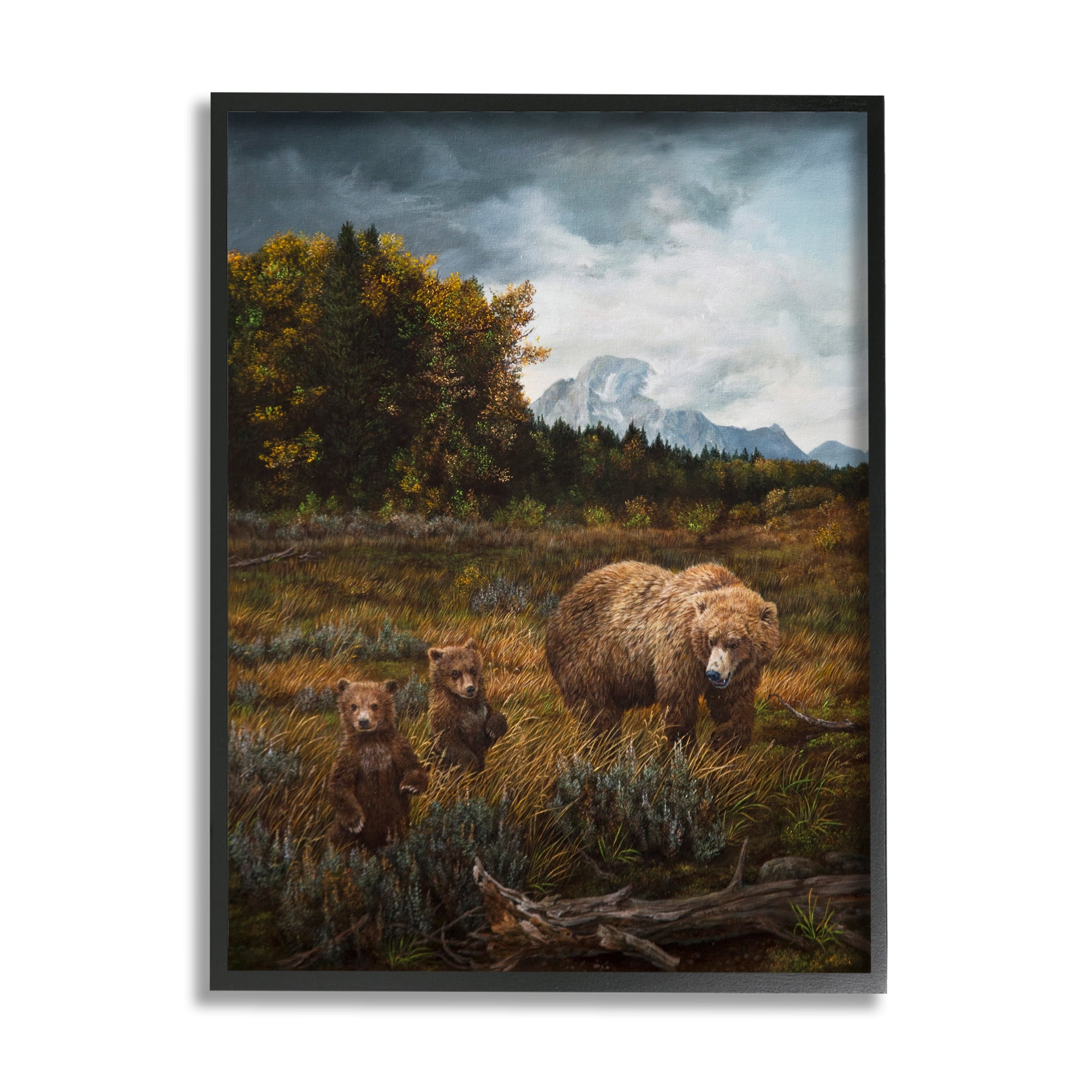 Stupell Industries Bears in Nature Scene Animals & Insects Painting Black Framed Art Print Wall Art, 16 x 20