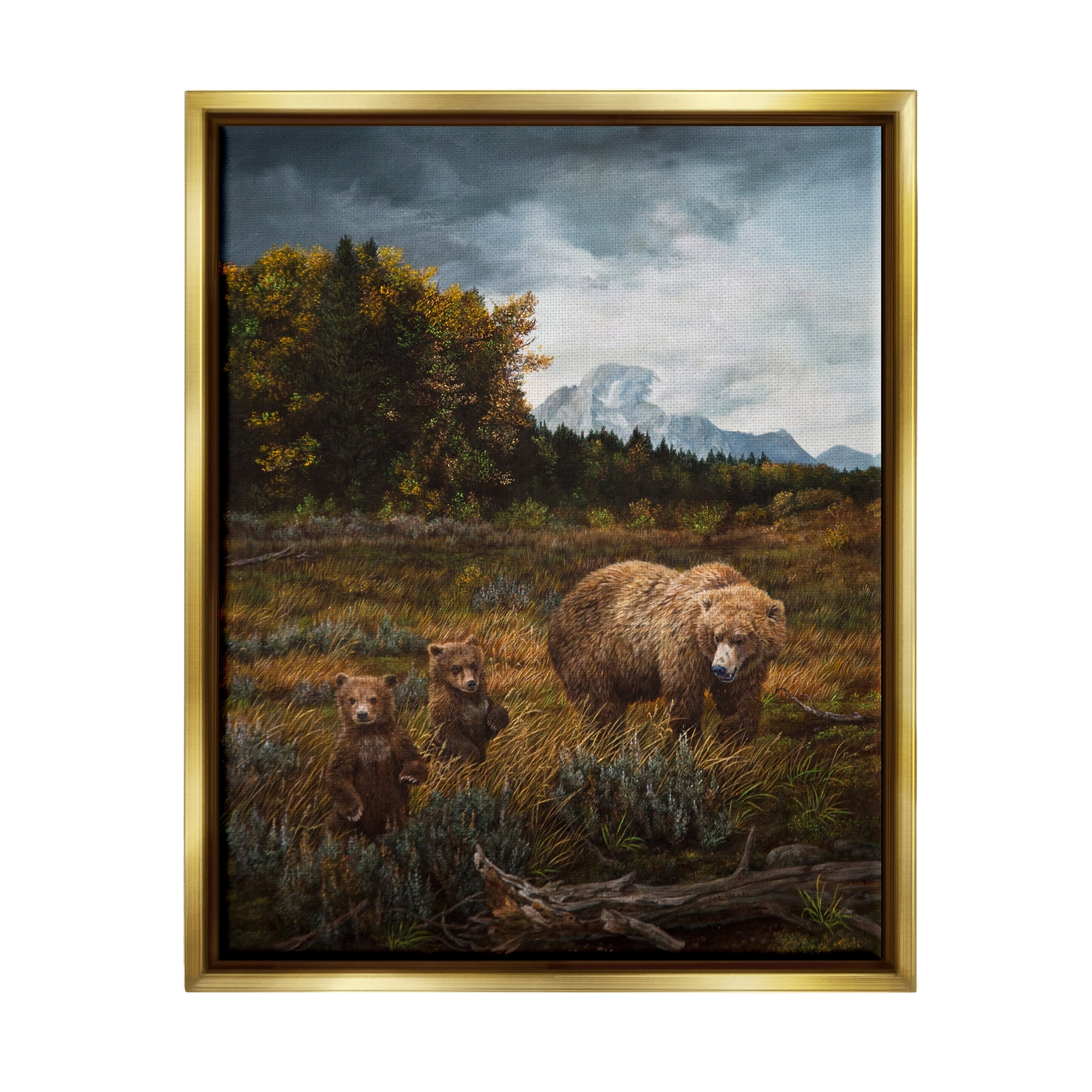 Stupell Industries Bears in Nature Scene Animals & Insects Painting Gold Floater Framed Canvas Art Print Wall Art, 17 x 21