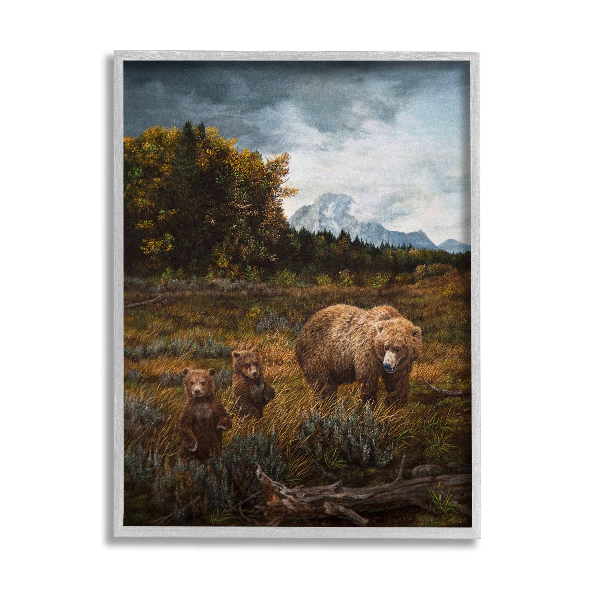 Stupell Industries Bears in Nature Scene Animals & Insects Painting Gray Framed Art Print Wall Art, 16 x 20