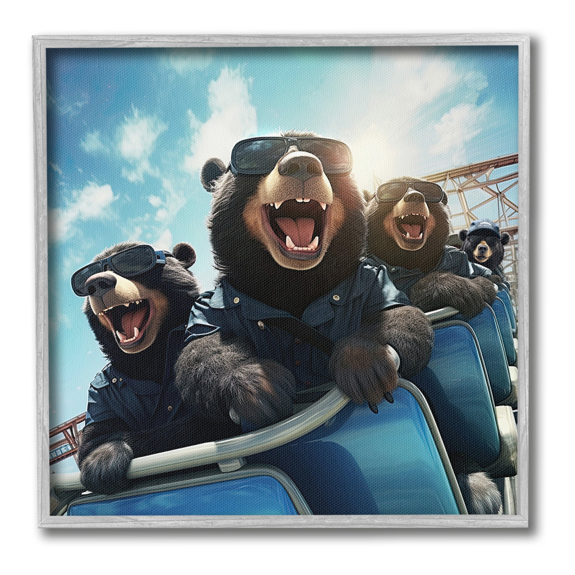 Stupell Industries Bears on Rollercoaster Animals & Insects Painting Gray Framed Art Print Wall Art, 17 x 17