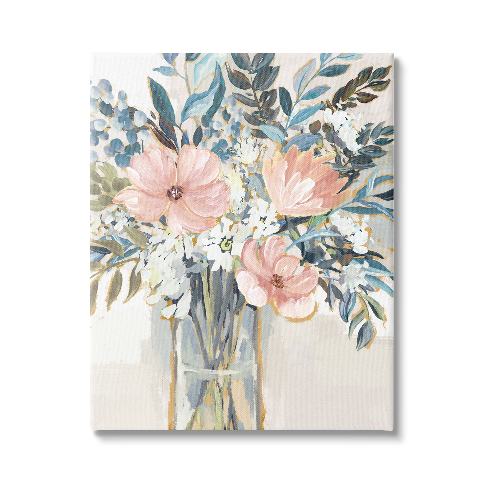 Delicate Blossoms Blue and Pink Flower Canvas Painting