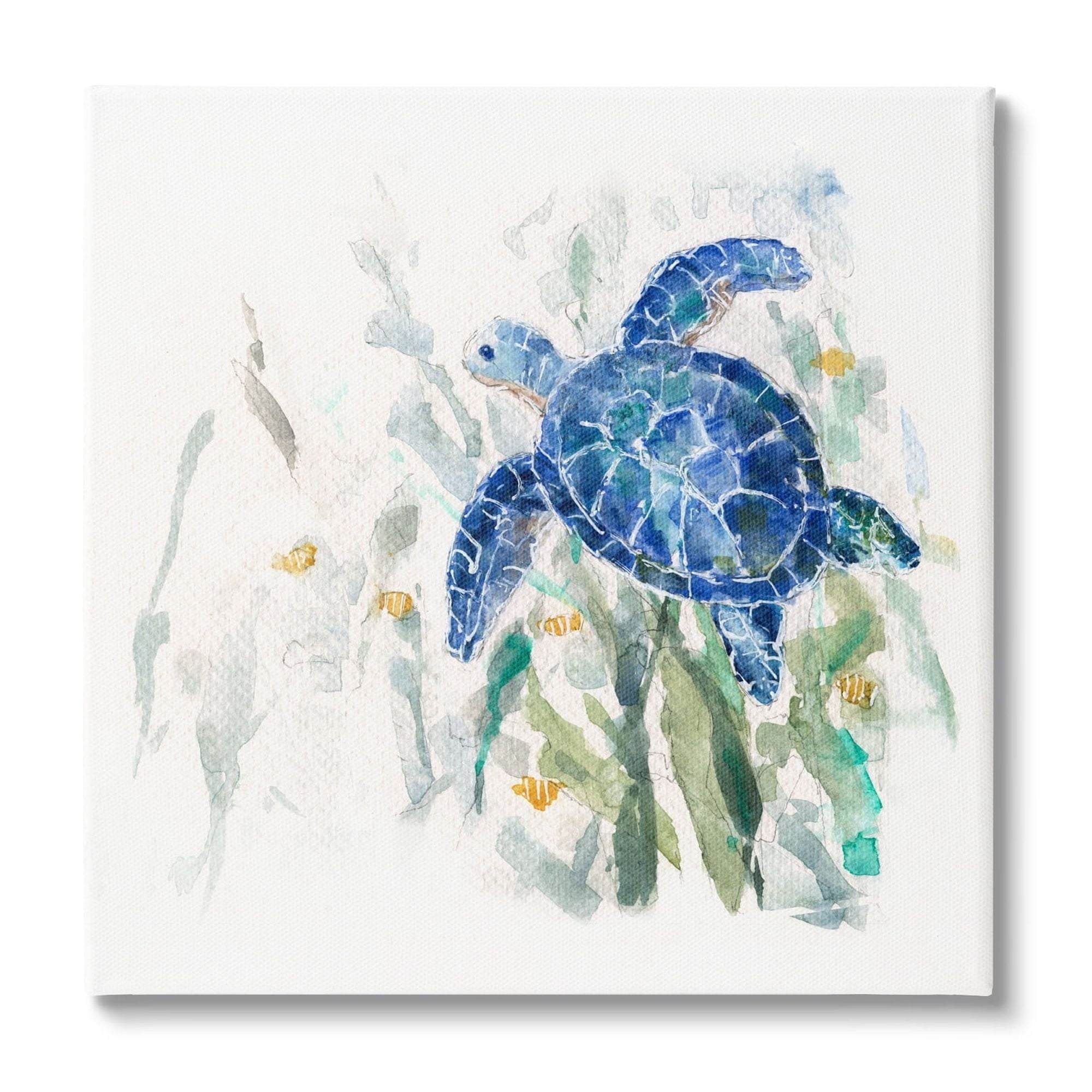 Stupell Industries Beautiful Blue Sea Turtle Swimming Plants Painting Coastal Painting Gallery-Wrapped Canvas Print Wall Art, 17 x 17, Design by Sally Swatland