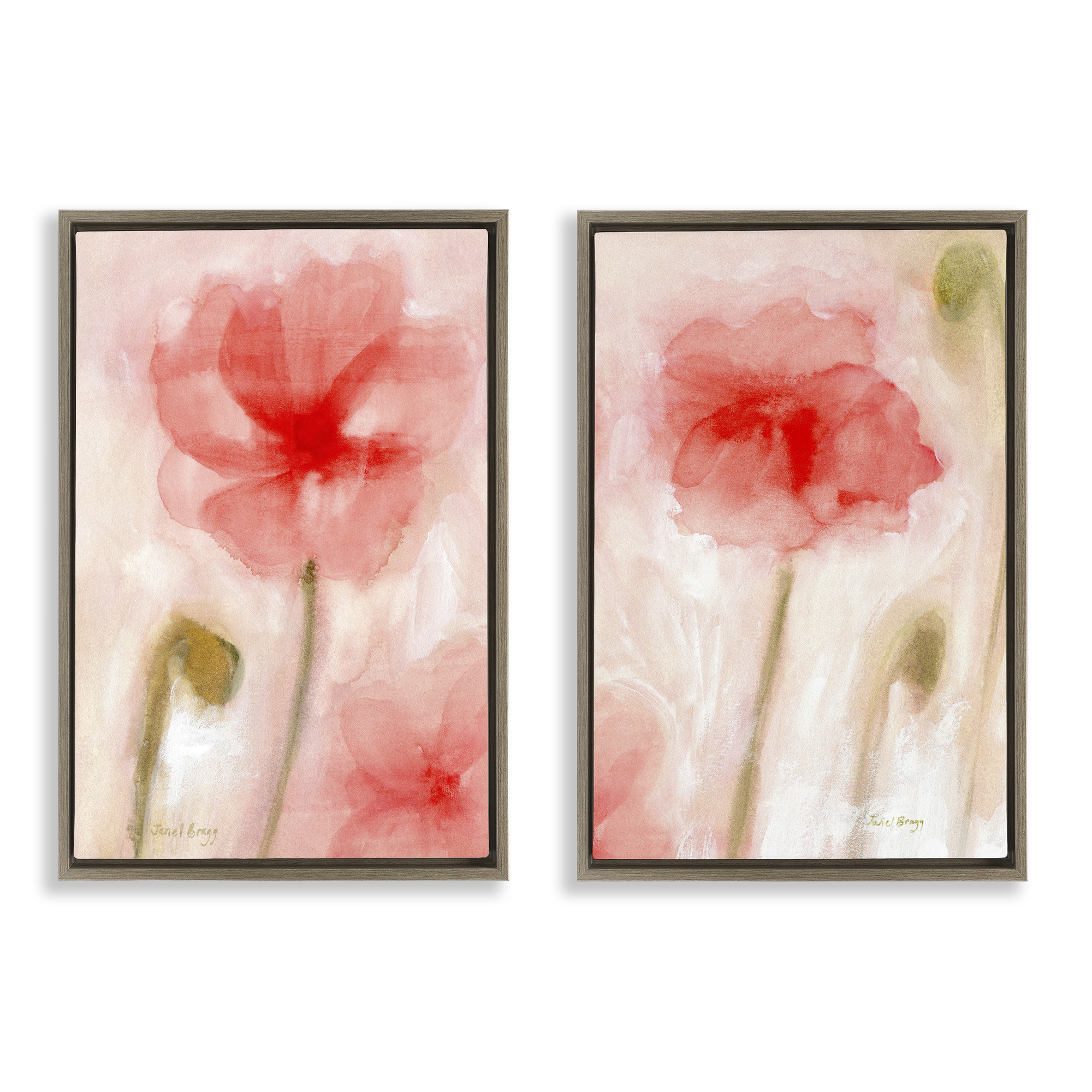 Stupell Industries Beautiful Coral Poppy Blossom Plants & Flowers Painting Brown Floater Framed Canvas Art Print Wall Art, 17 x 25, Set of 2