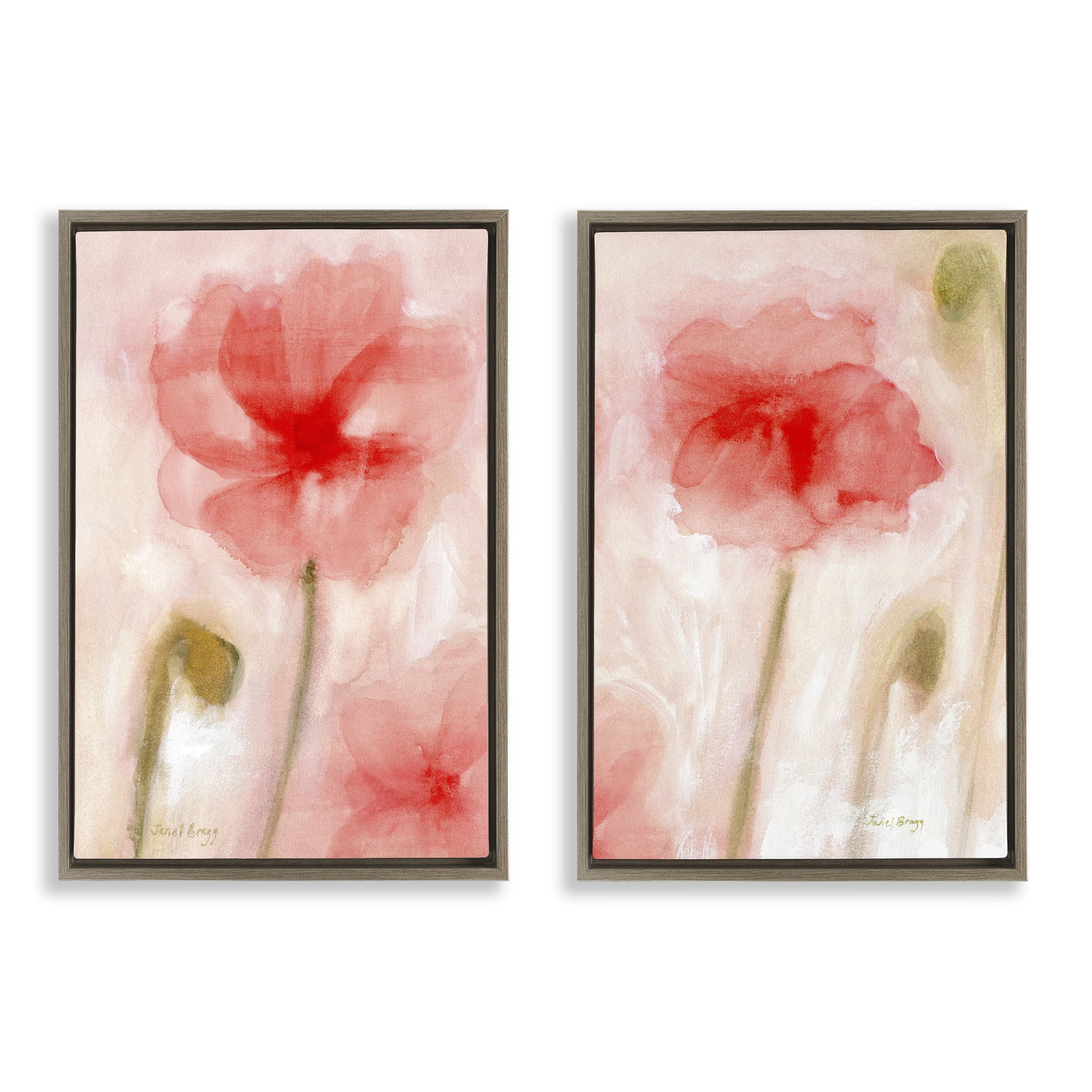 Stupell Industries Beautiful Coral Poppy Blossom Plants & Flowers Painting Brown Floater Framed Canvas Art Print Wall Art, 21 x 31, Set of 2