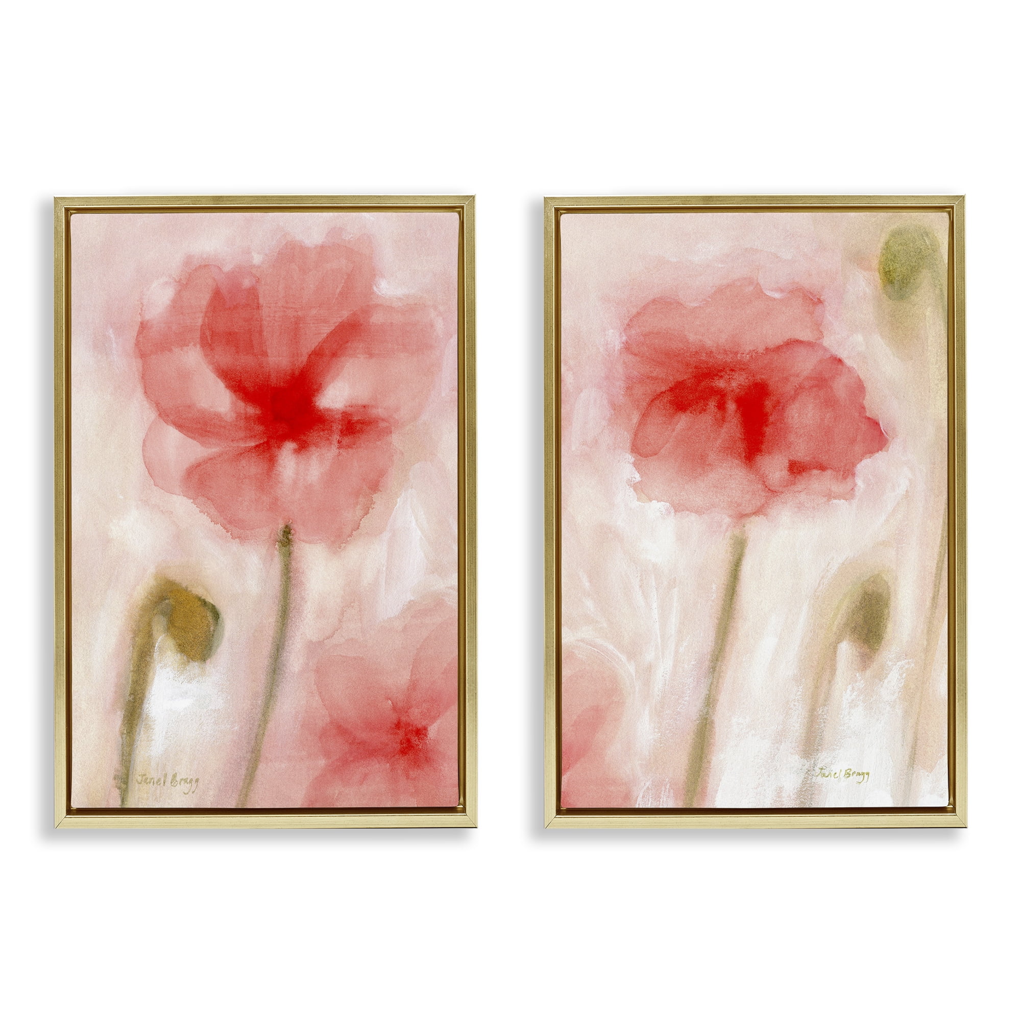 Stupell Industries Beautiful Coral Poppy Blossom Plants & Flowers Painting Gold Floater Framed Canvas Art Print Wall Art, 21 x 31, Set of 2