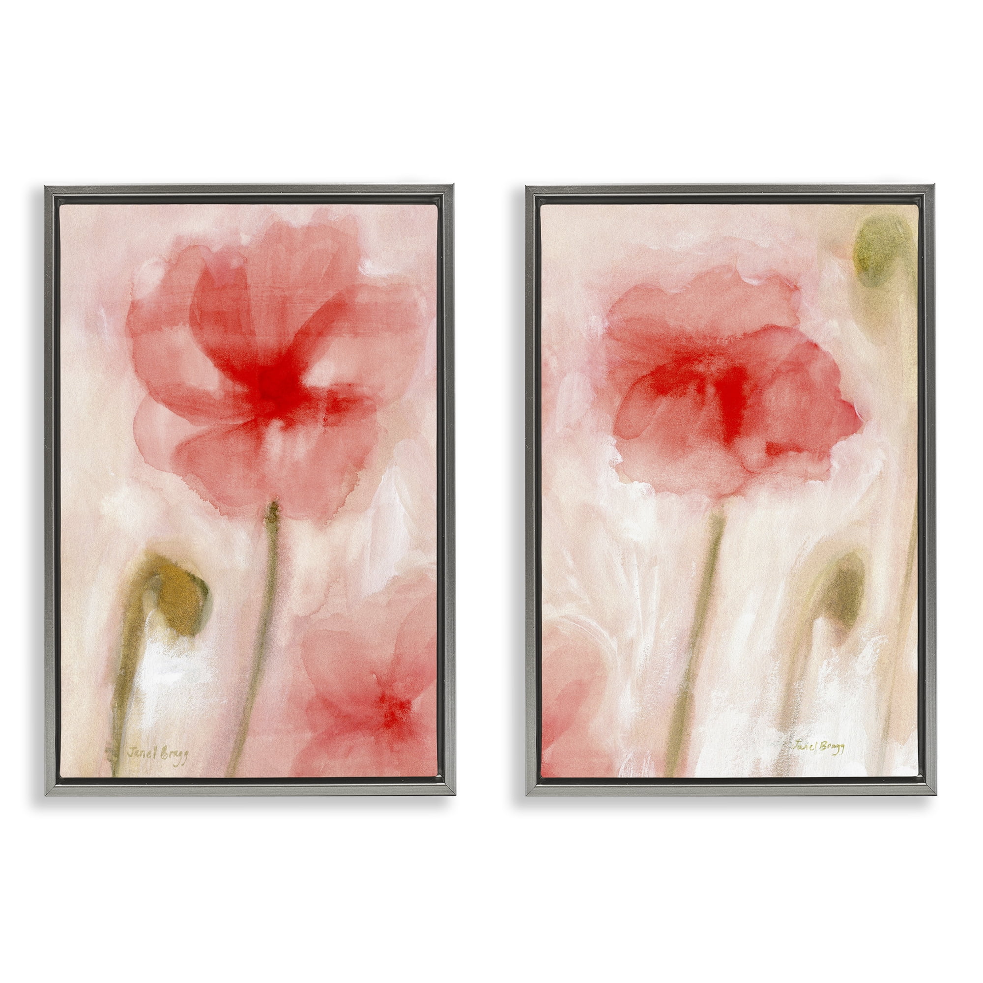 Stupell Industries Beautiful Coral Poppy Blossom Plants & Flowers Painting Gray Floater Framed Canvas Art Print Wall Art, 17 x 25, Set of 2