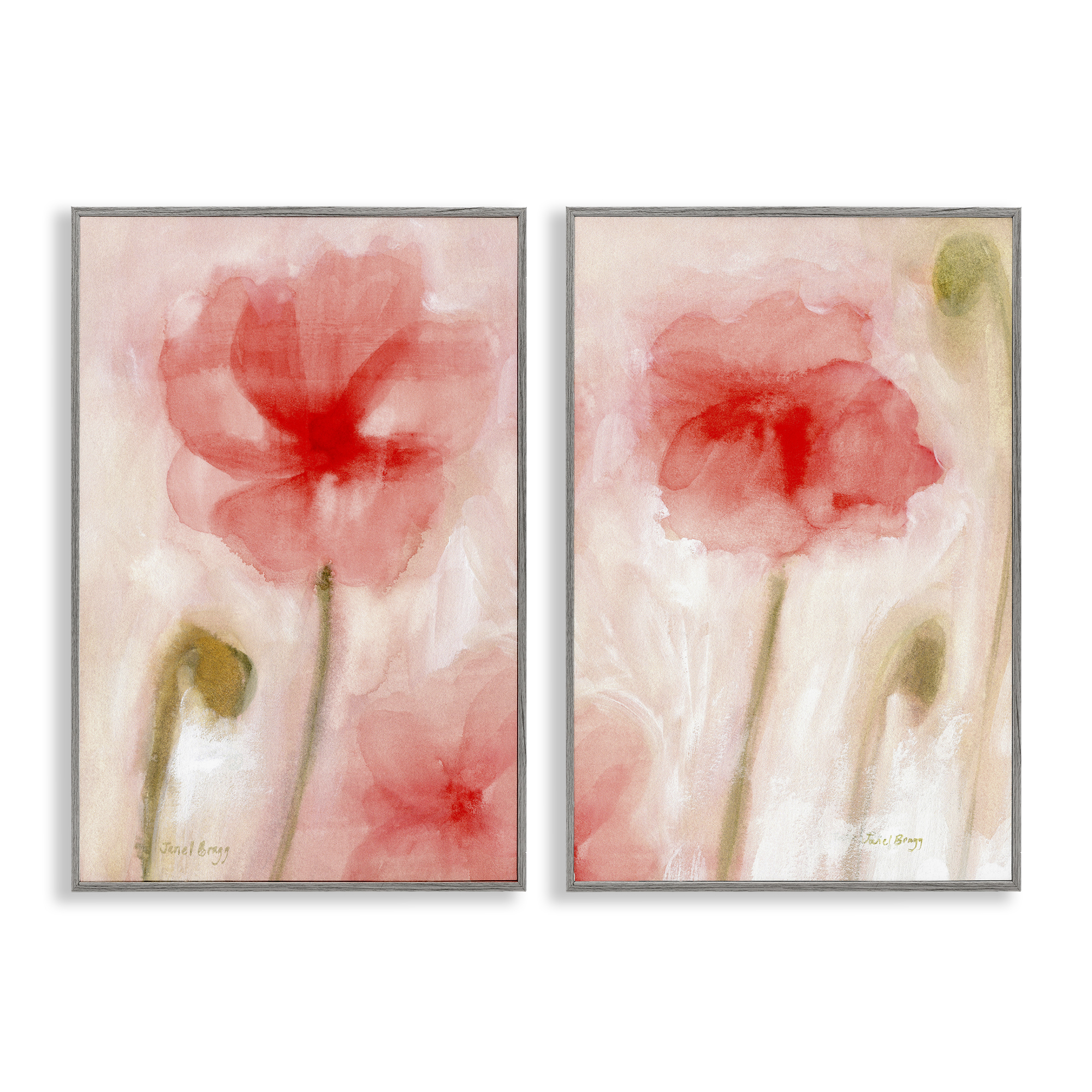 Stupell Industries Beautiful Coral Poppy Blossom Plants & Flowers Painting Gray Framed Art Print Wall Art, 20 x 30, Set of 2