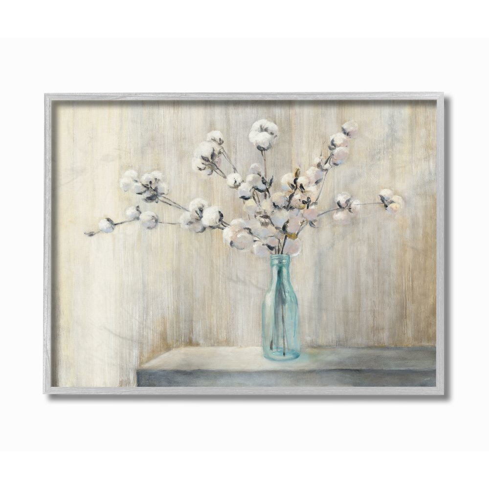 Stupell Industries Beautiful Cotton Flower Grey Brown Painting Gray Farmhouse Rustic Framed Giclee Texturized Art by Julia Purinton