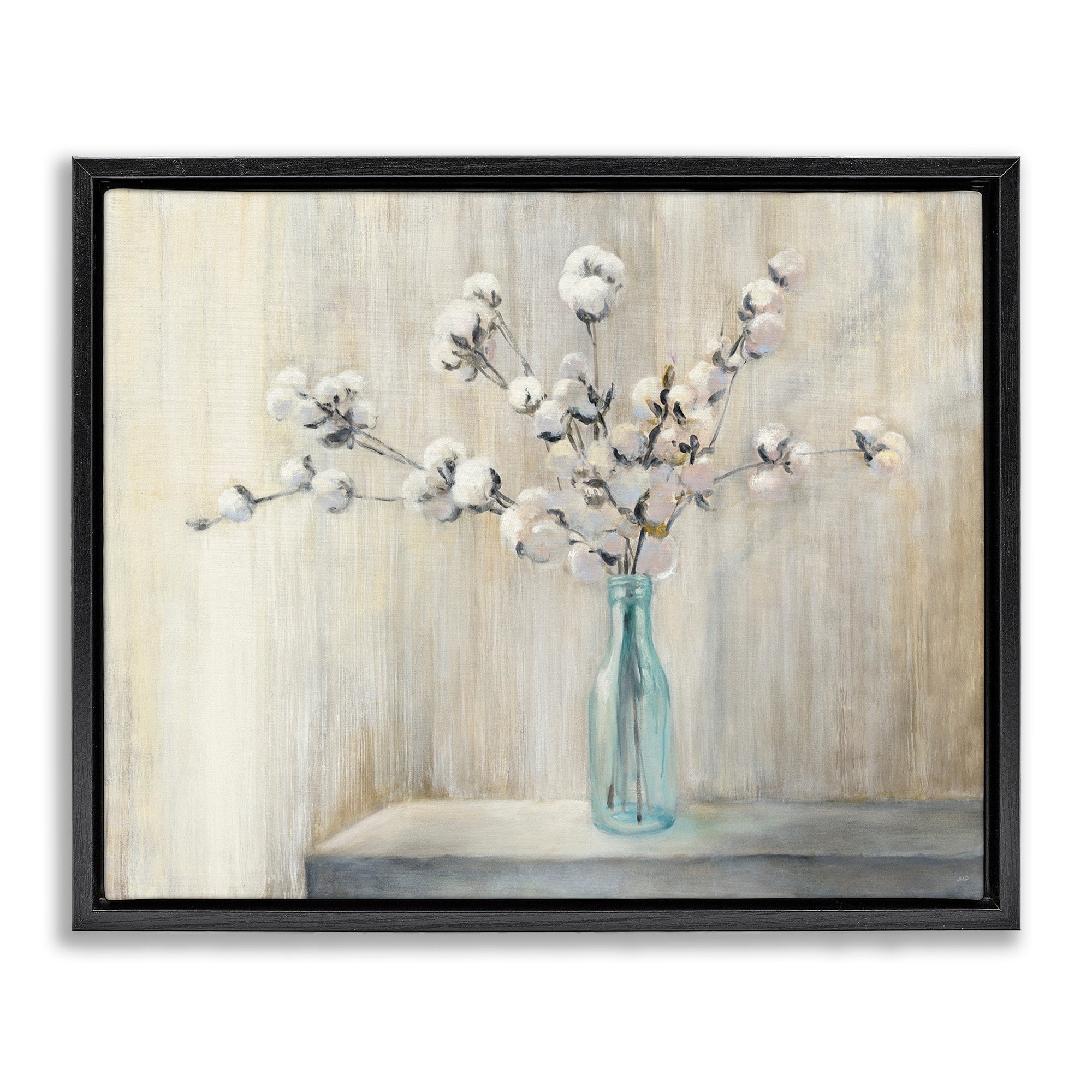 Stupell Industries Beautiful Cotton Flower Grey Brown Painting Jet Black Framed Floating Canvas Wall Art, 24x30, by Julia Purinton