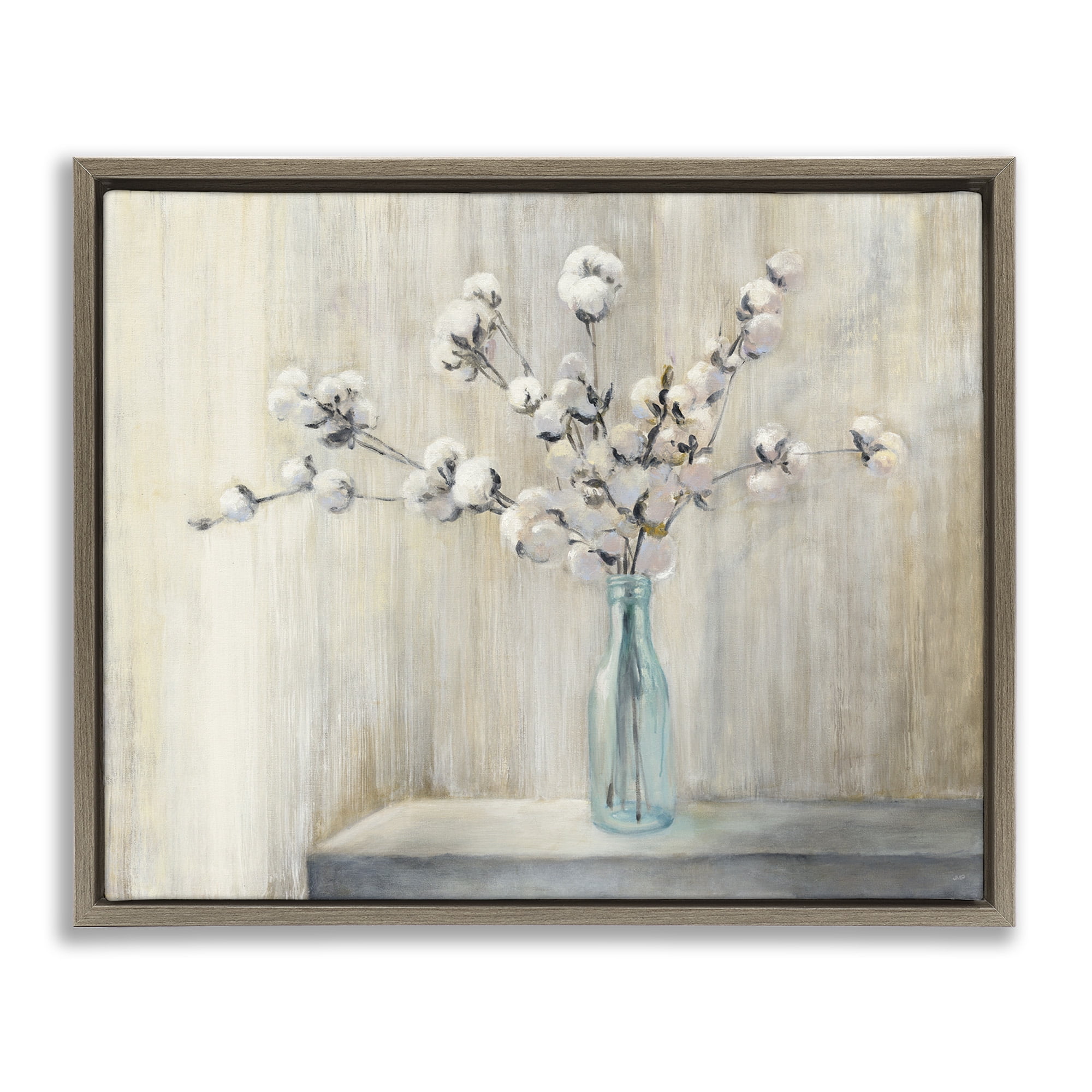 Stupell Industries Beautiful Cotton Flower Painting Botanical & Floral Painting Brown Floater Framed Canvas Art Print Wall Art, 31 x 25