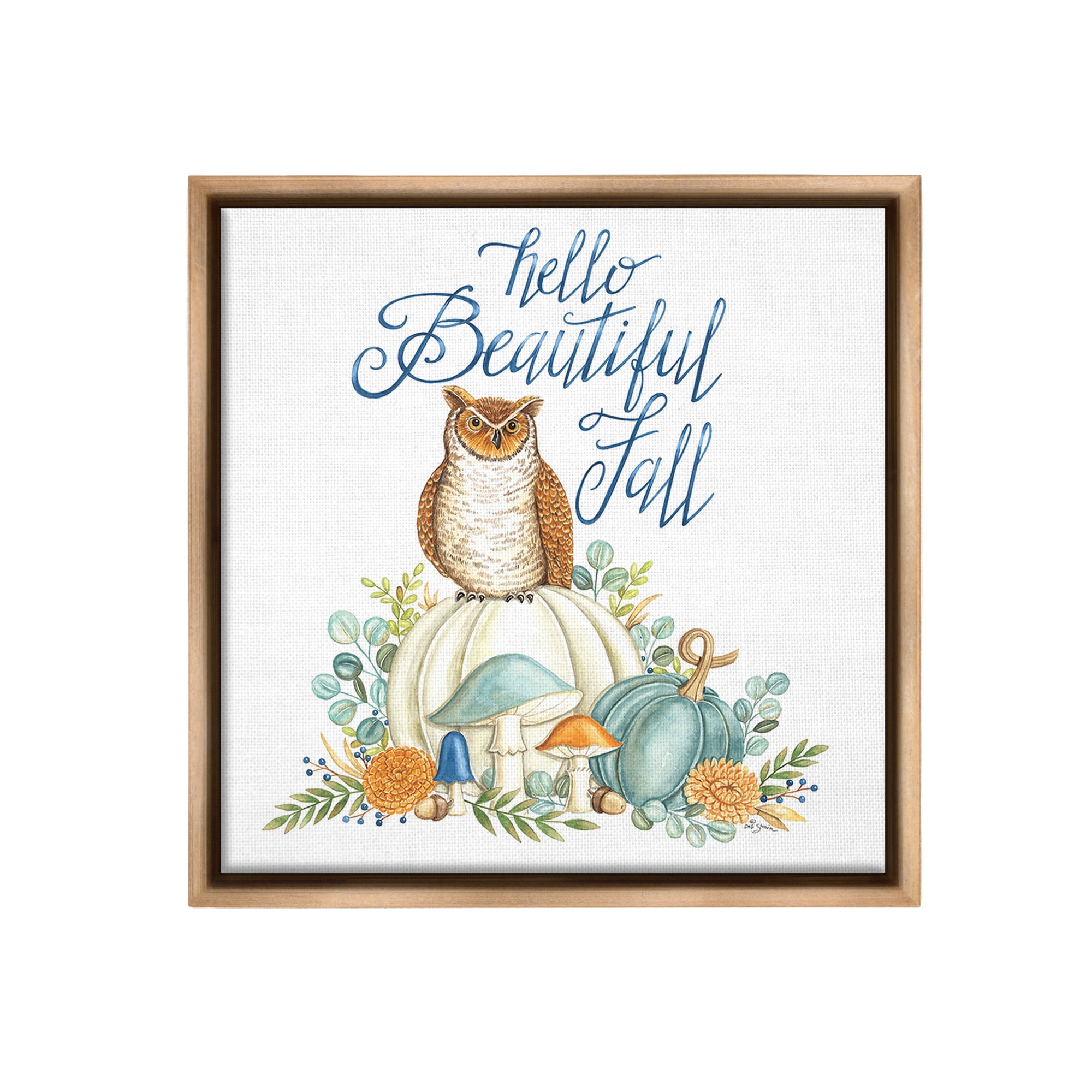 Stupell Industries Beautiful Fall with Owl Holiday Painting Brown Floater Framed Canvas Art Print Wall Art, 18 x 18