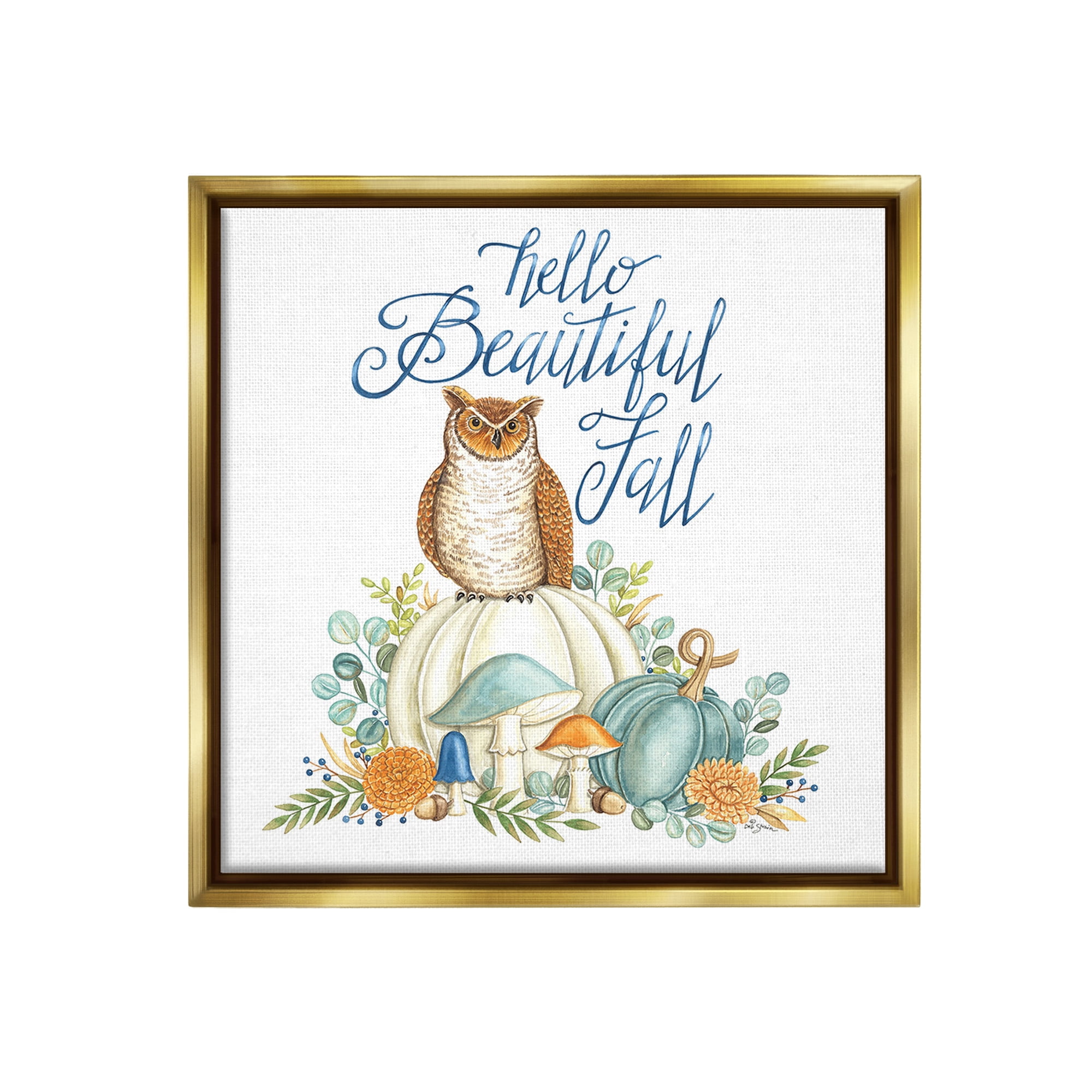 Stupell Industries Beautiful Fall with Owl Holiday Painting Gold Floater Framed Canvas Art Print Wall Art, 25 x 25