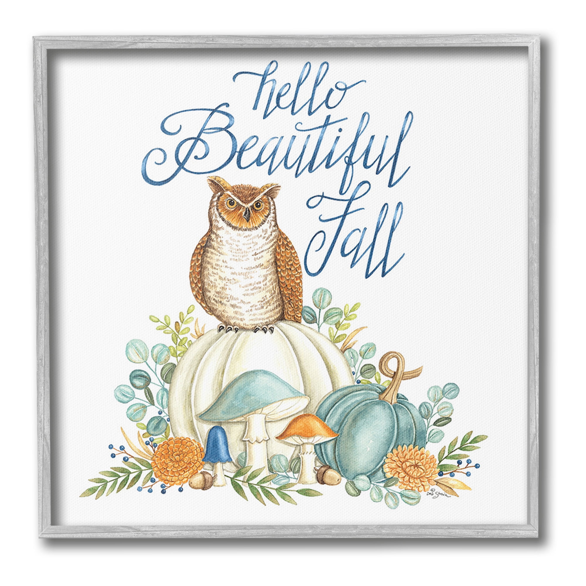 Stupell Industries Beautiful Fall with Owl Holiday Painting Gray Framed Art Print Wall Art, 12 x 12