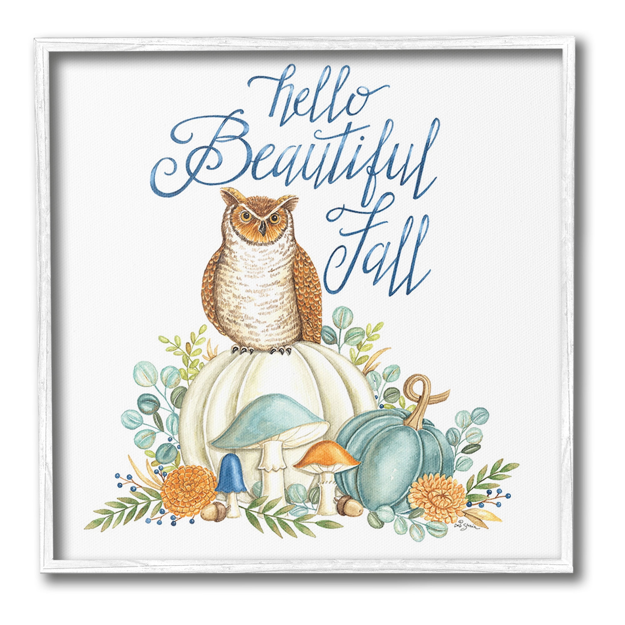 Stupell Industries Beautiful Fall with Owl Holiday Painting White Framed Art Print Wall Art, 24 x 24